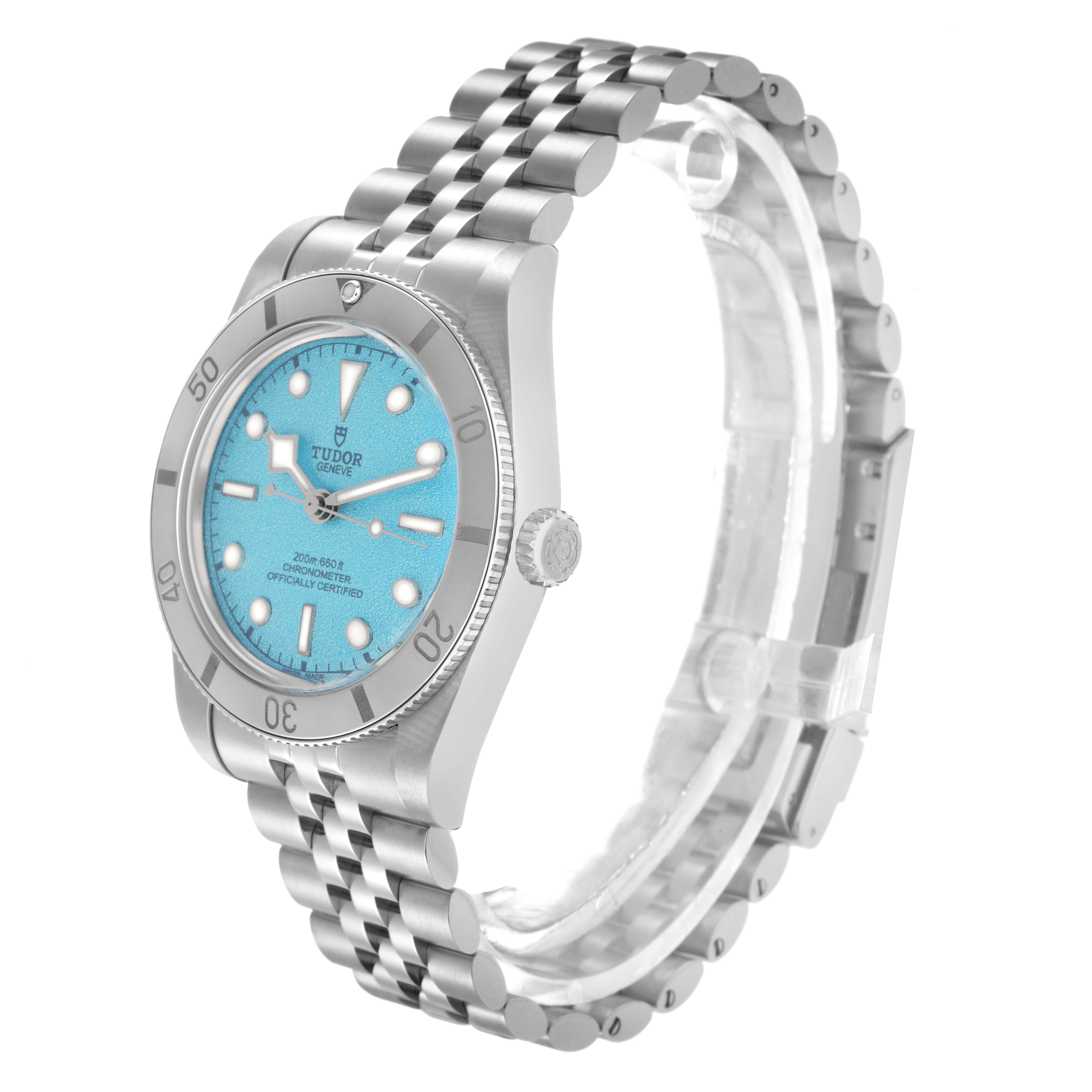 The image shows a Tudor Heritage Black Bay model 79000 men's watch at a three-quarter angle, showcasing the case, bezel, dial, crown, and bracelet.