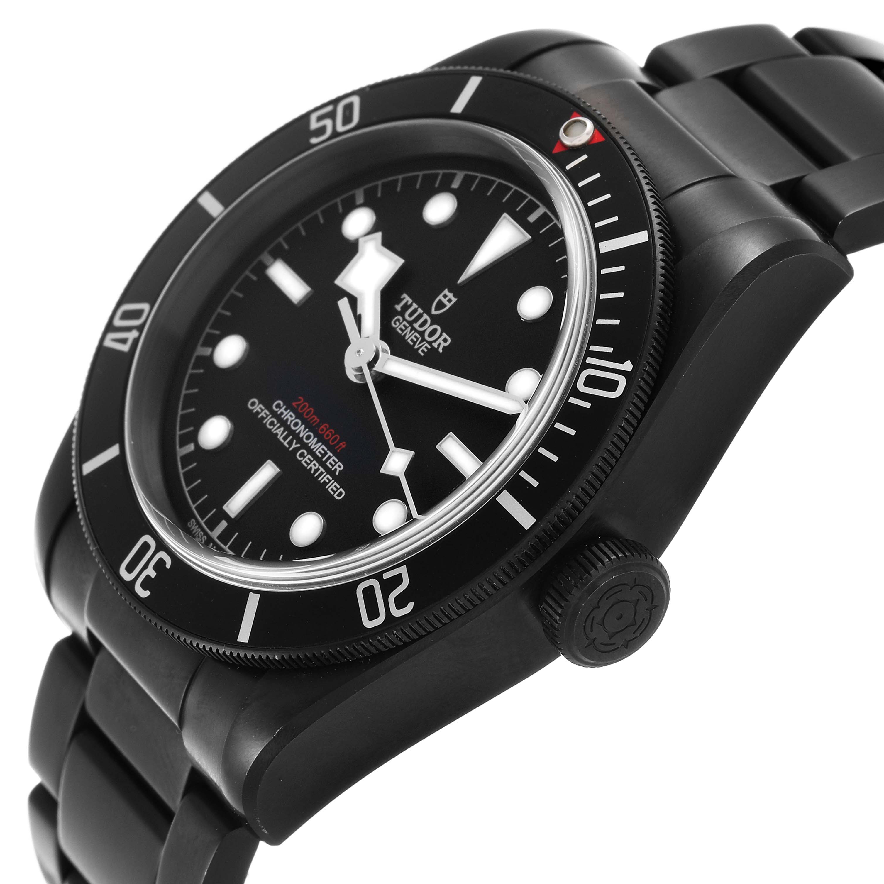 The Tudor Heritage Black Bay 79230DK Men's Stainless Steel Black Dial watch is shown at an angled side view, highlighting the bezel, dial, and bracelet.