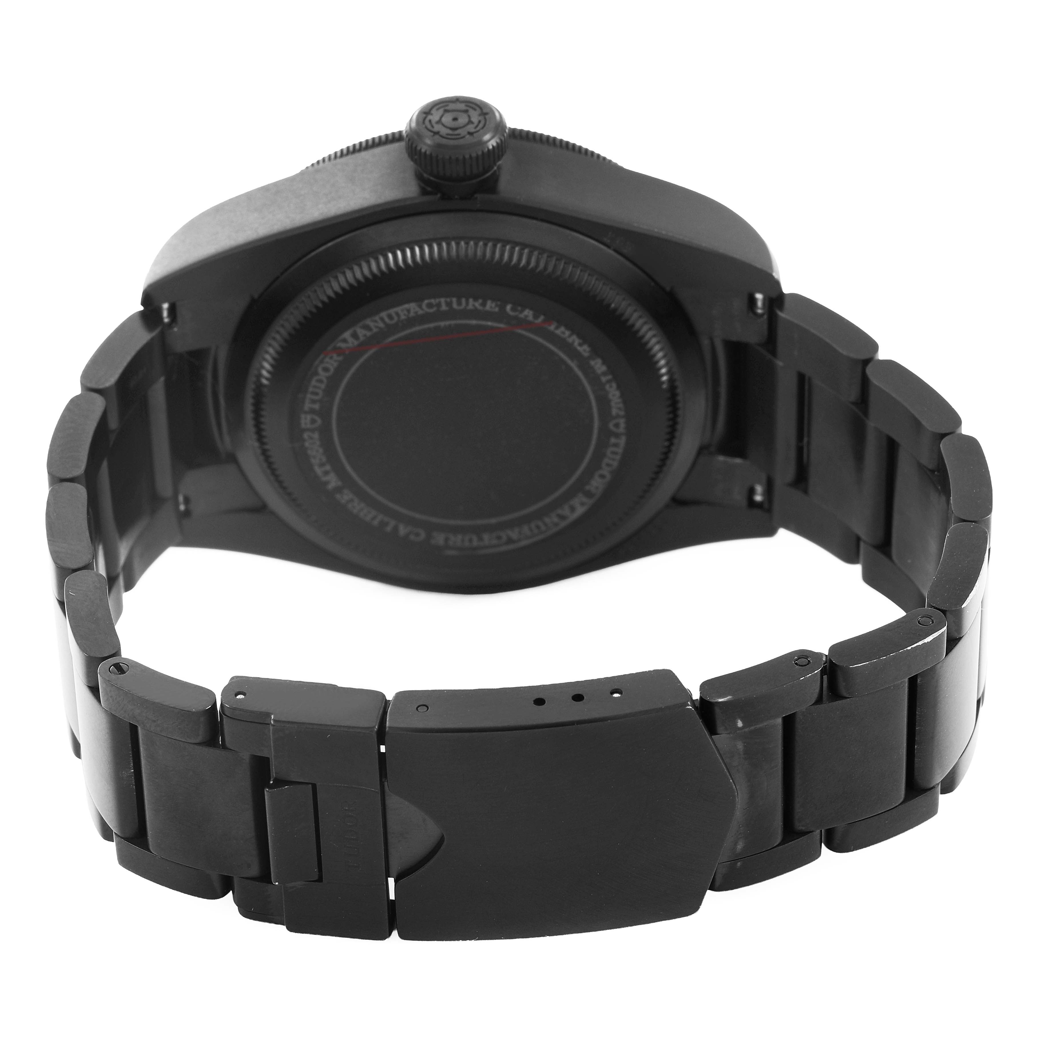 The image shows the back and bracelet of the Tudor Heritage Black Bay 79230DK Men's Stainless Steel Black Dial watch, focusing on the case back and clasp.