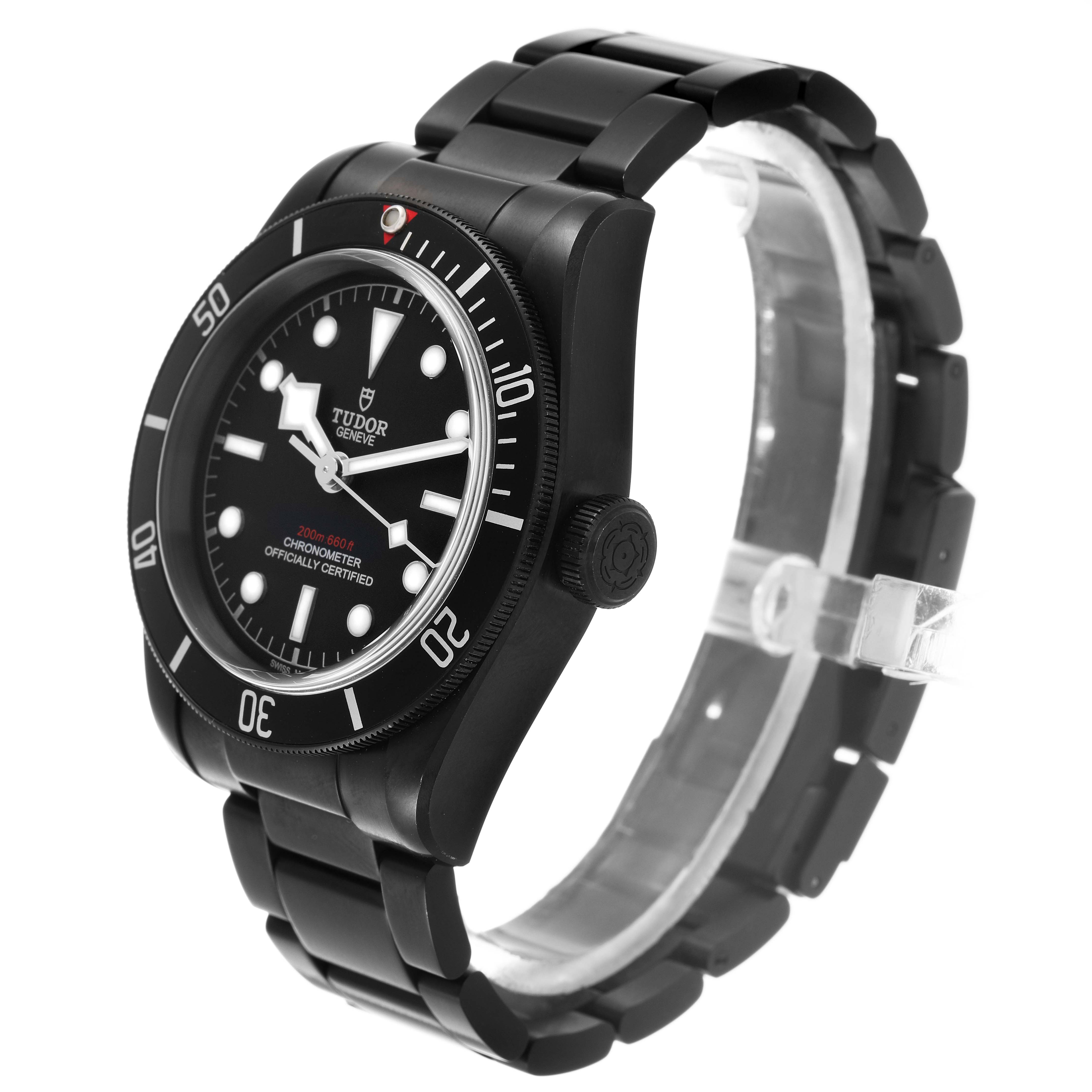 The Tudor Heritage Black Bay 79230DK Men's Stainless Steel Black Dial watch is shown at a slight angle highlighting the bezel, dial, crown, and bracelet.
