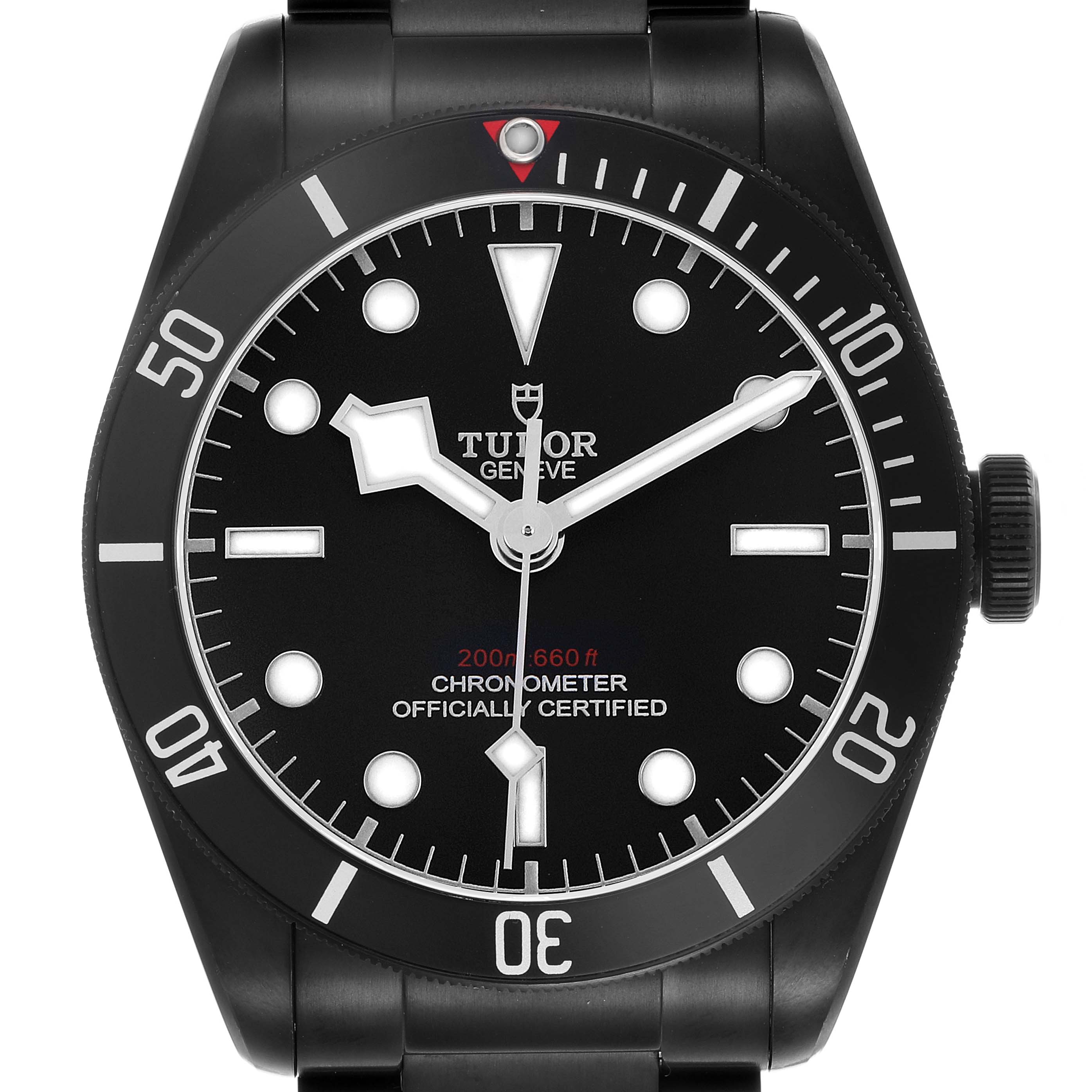 The Tudor Heritage Black Bay 79230DK Men's Stainless Steel Black Dial watch is shown from a front angle, displaying the dial, bezel, and crown.