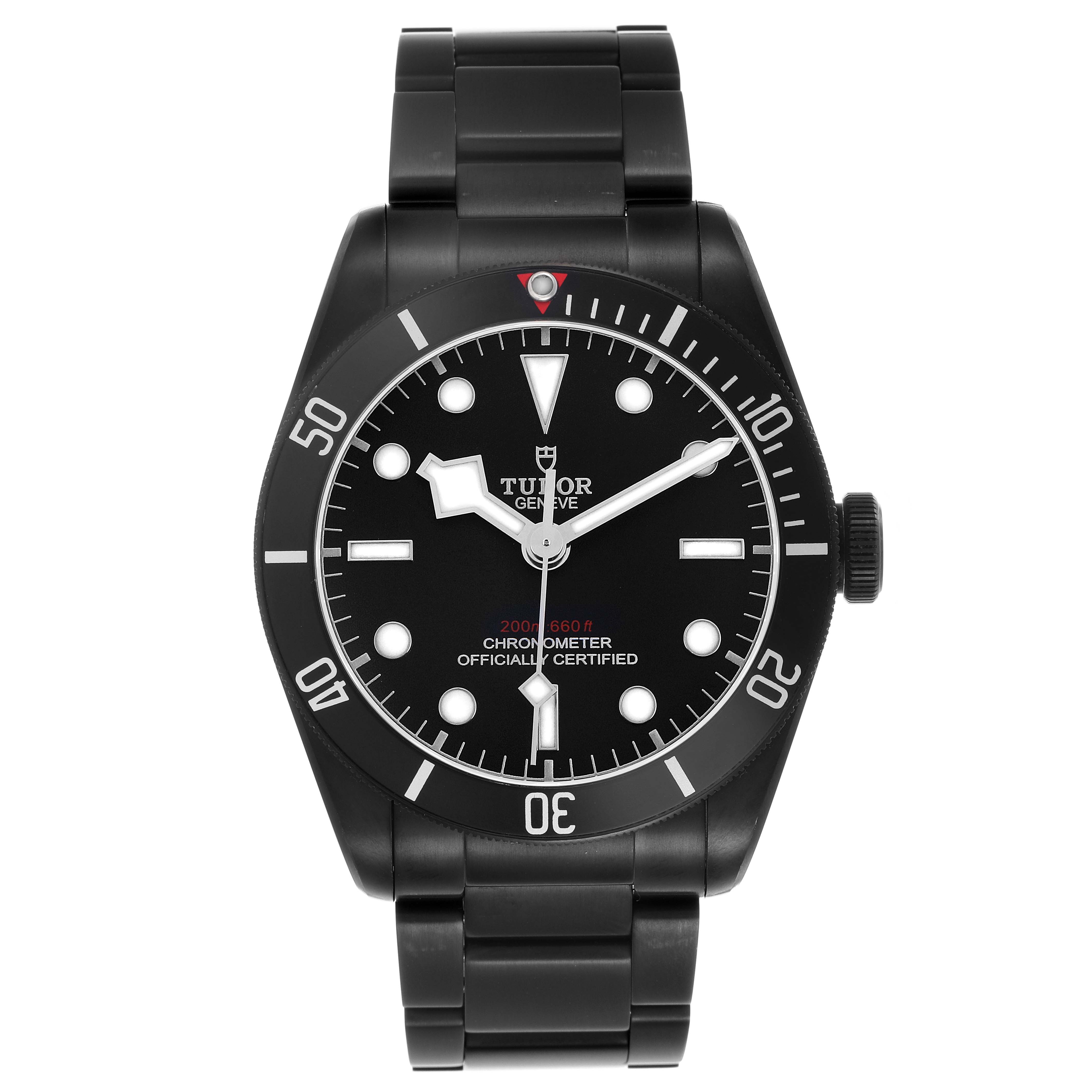 The Tudor Heritage Black Bay 79230DK Men's Stainless Steel Black Dial watch is shown from a front, centered angle, displaying the full face, bezel, and bracelet.