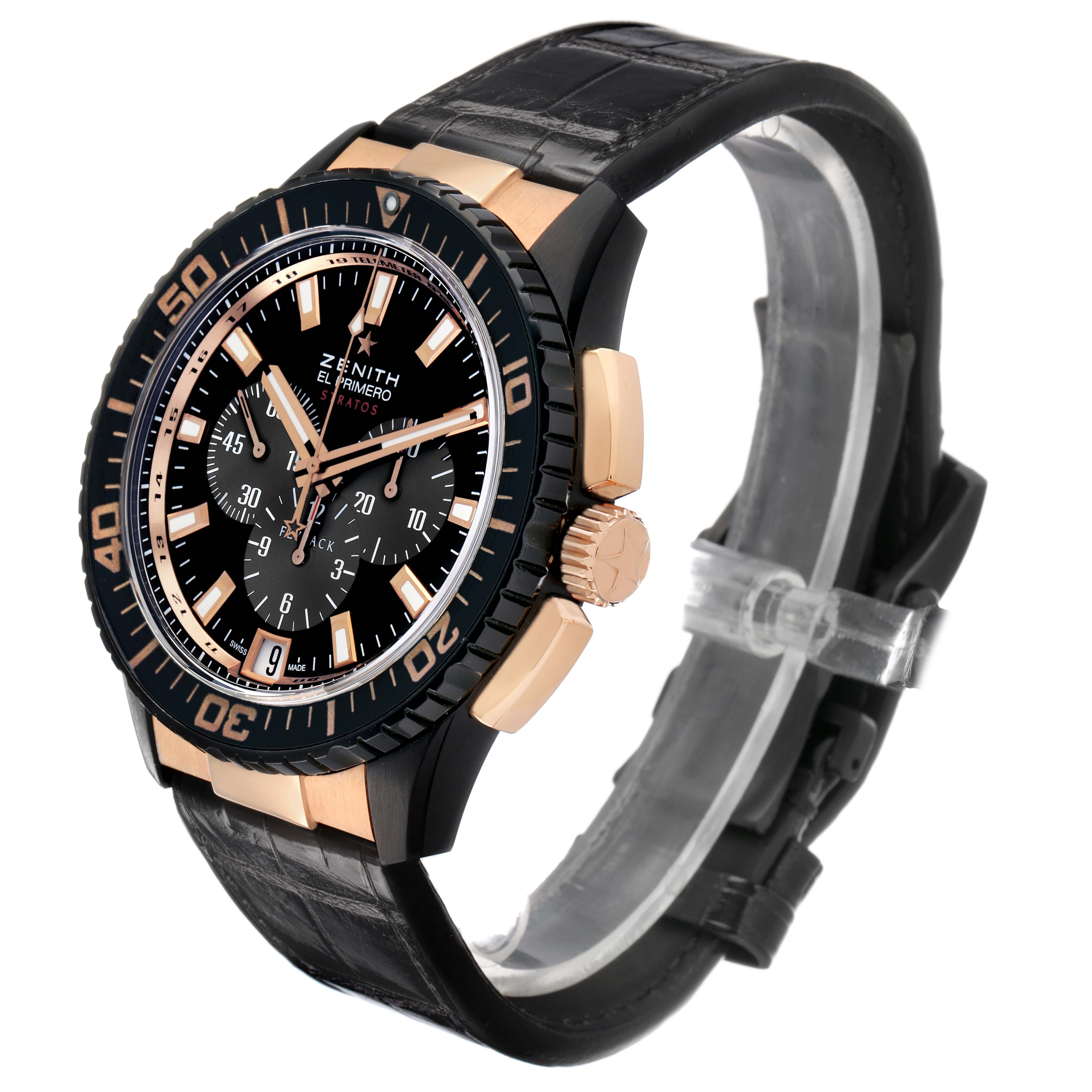 The Zenith El Primero 85.2060.405/23.C714 Men's Ceramic Black Dial watch is at a three-quarter angle, showing the dial, bezel, crown, and strap.