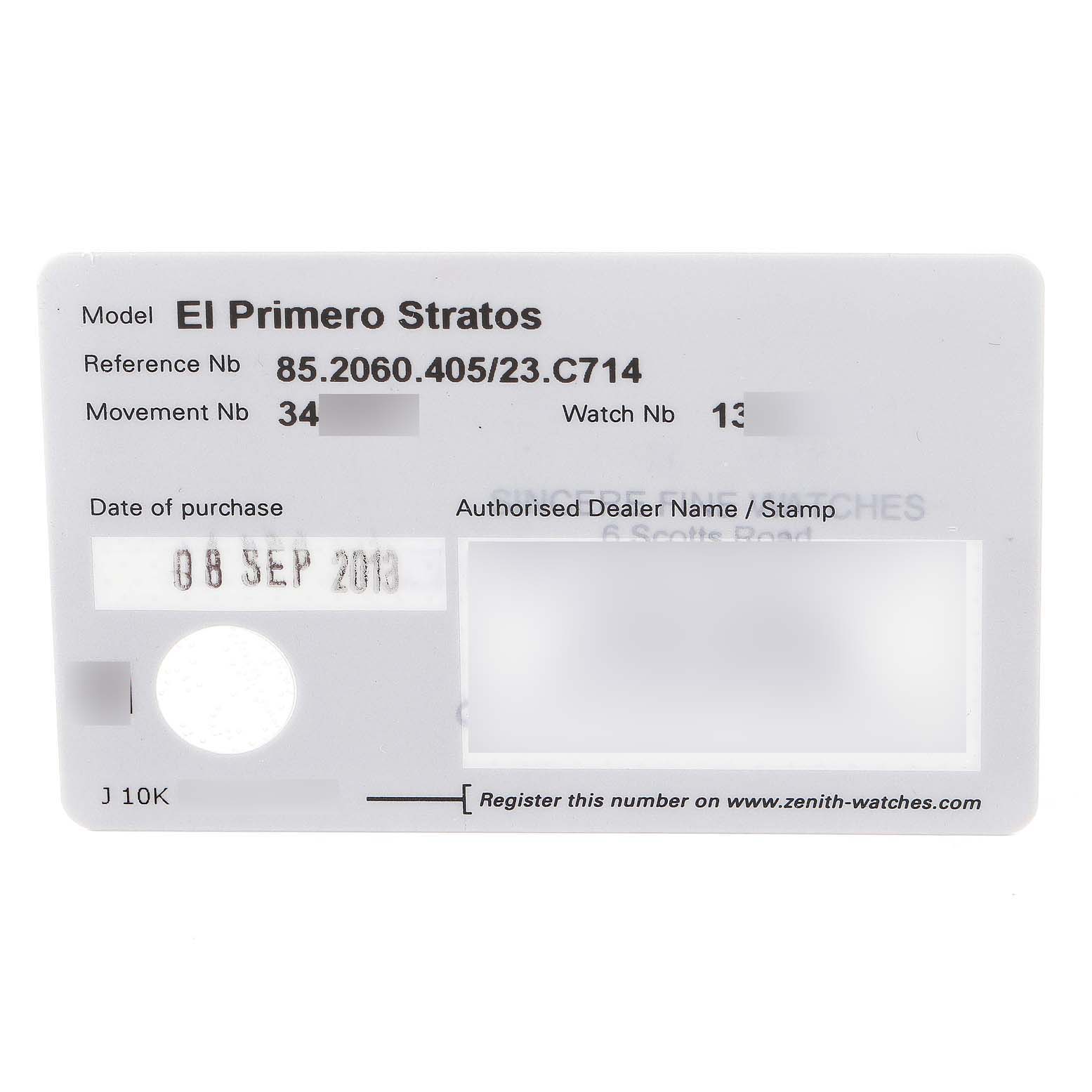 The image shows the warranty card for the El Primero Stratos model by Zenith, displaying reference and purchase details.