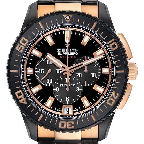 The image shows a front view of the Zenith El Primero 85.2060.405/23.C714 Men's Ceramic Black Dial Stratos watch, highlighting its bezel, subdials, and crown.