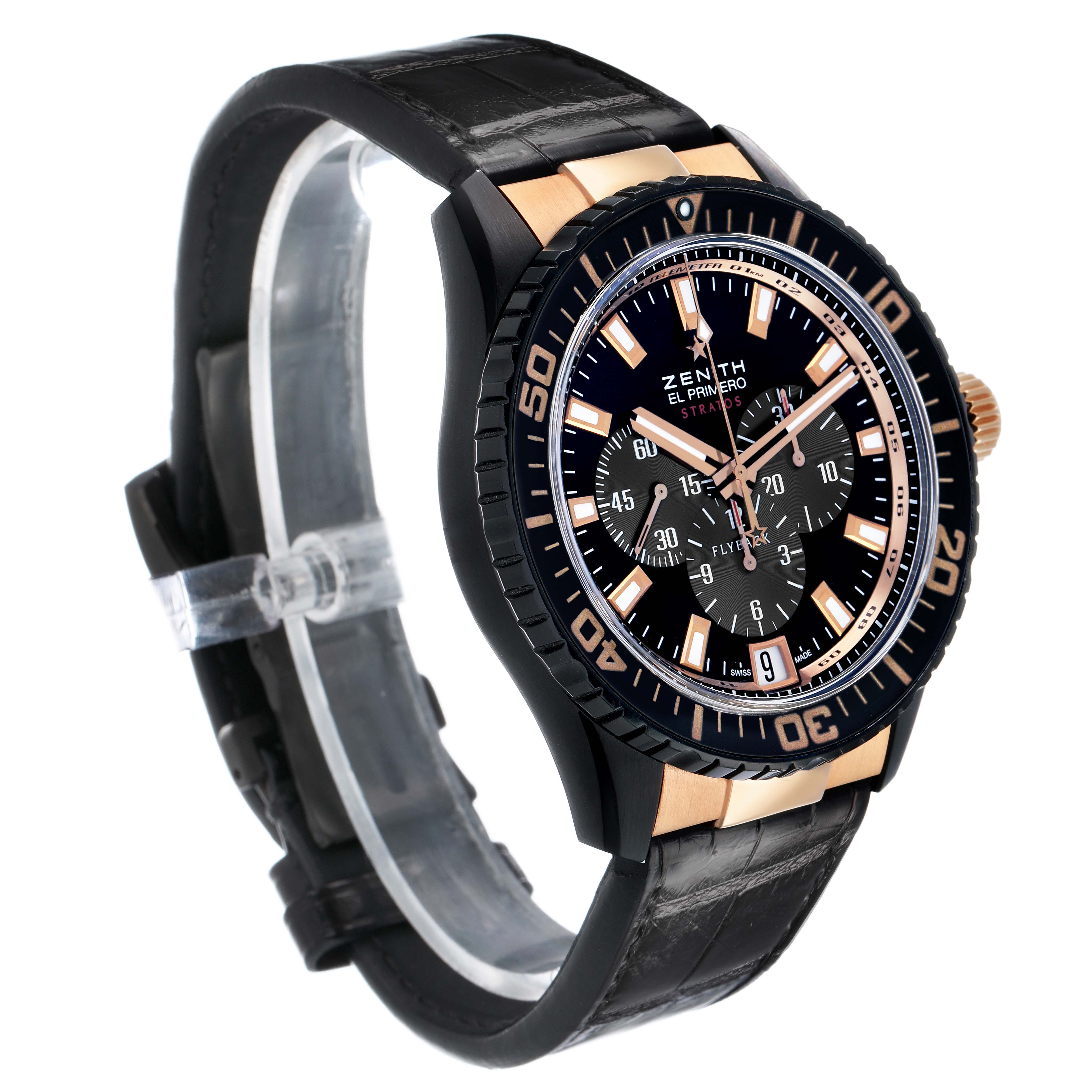 The Zenith El Primero 85.2060.405/23.C714 Men's Ceramic Black Dial watch is shown at a three-quarter angle, highlighting the face, bezel, and part of the strap.