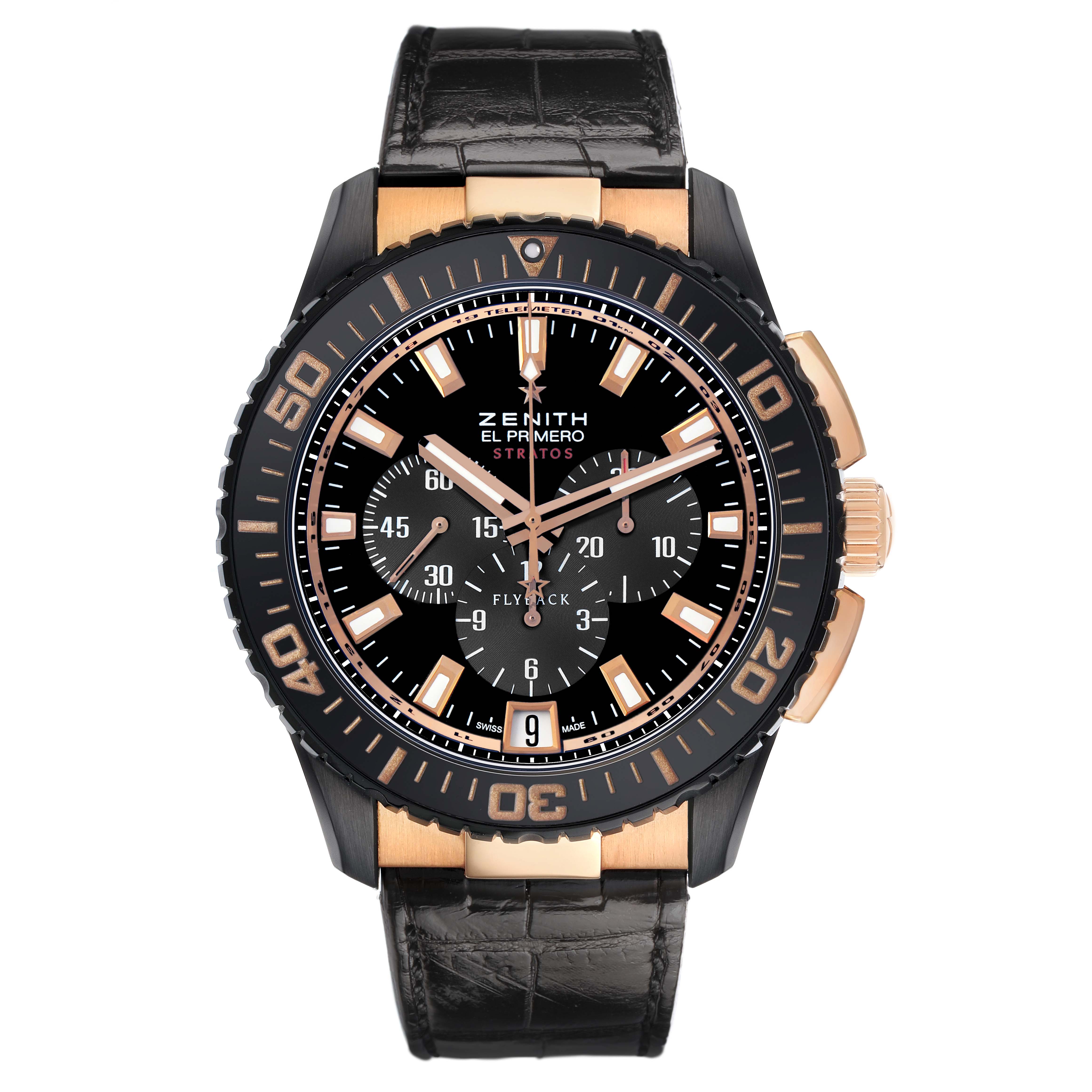 The Zenith El Primero 85.2060.405/23.C714 Men's Ceramic Black Dial watch is shown from the front, displaying its dial, bezel, subdials, and leather strap.