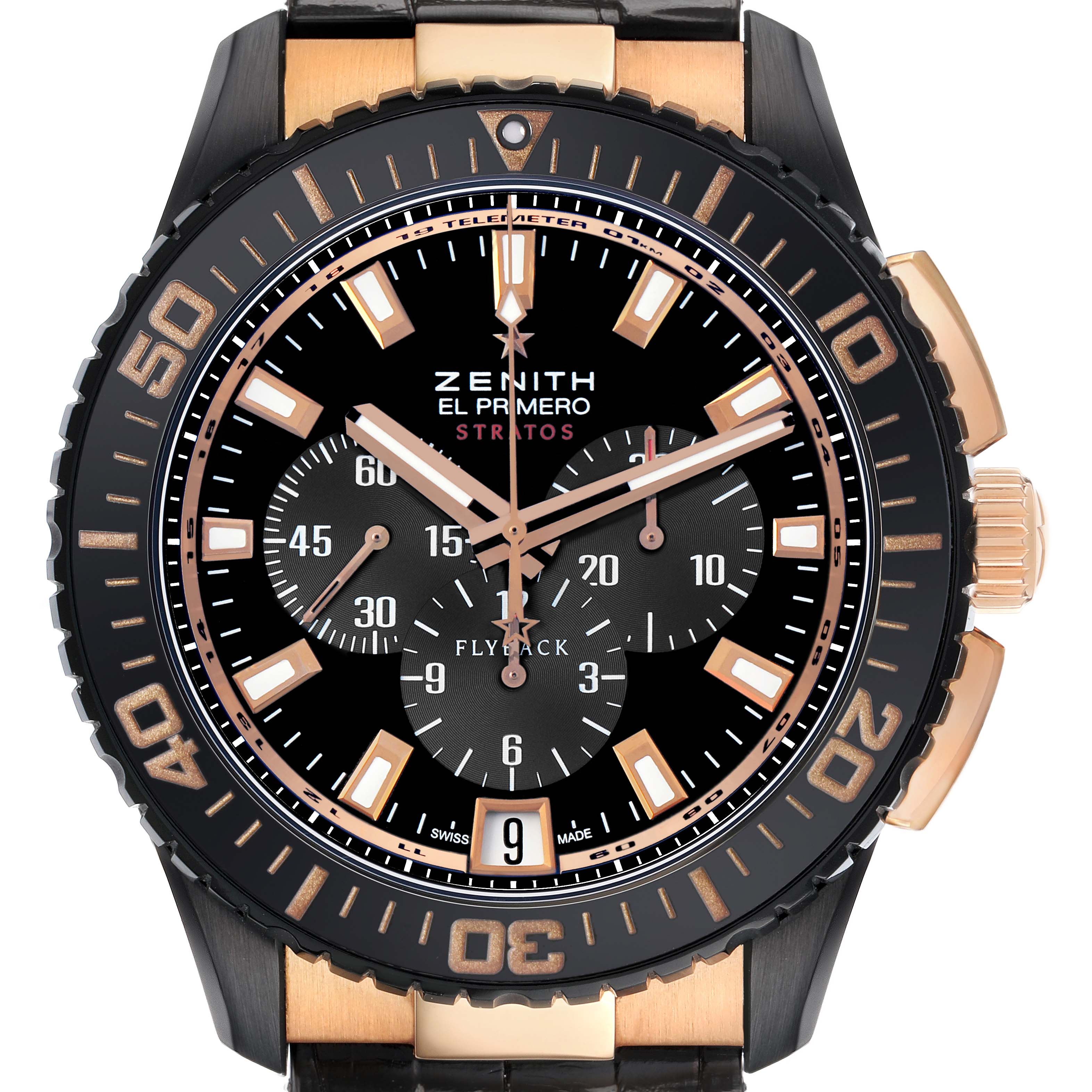 The Zenith El Primero 85.2060.405/23.C714 Men's Ceramic Black Dial watch is shown in a front view displaying its dial, bezel, subdials, and date indicator.