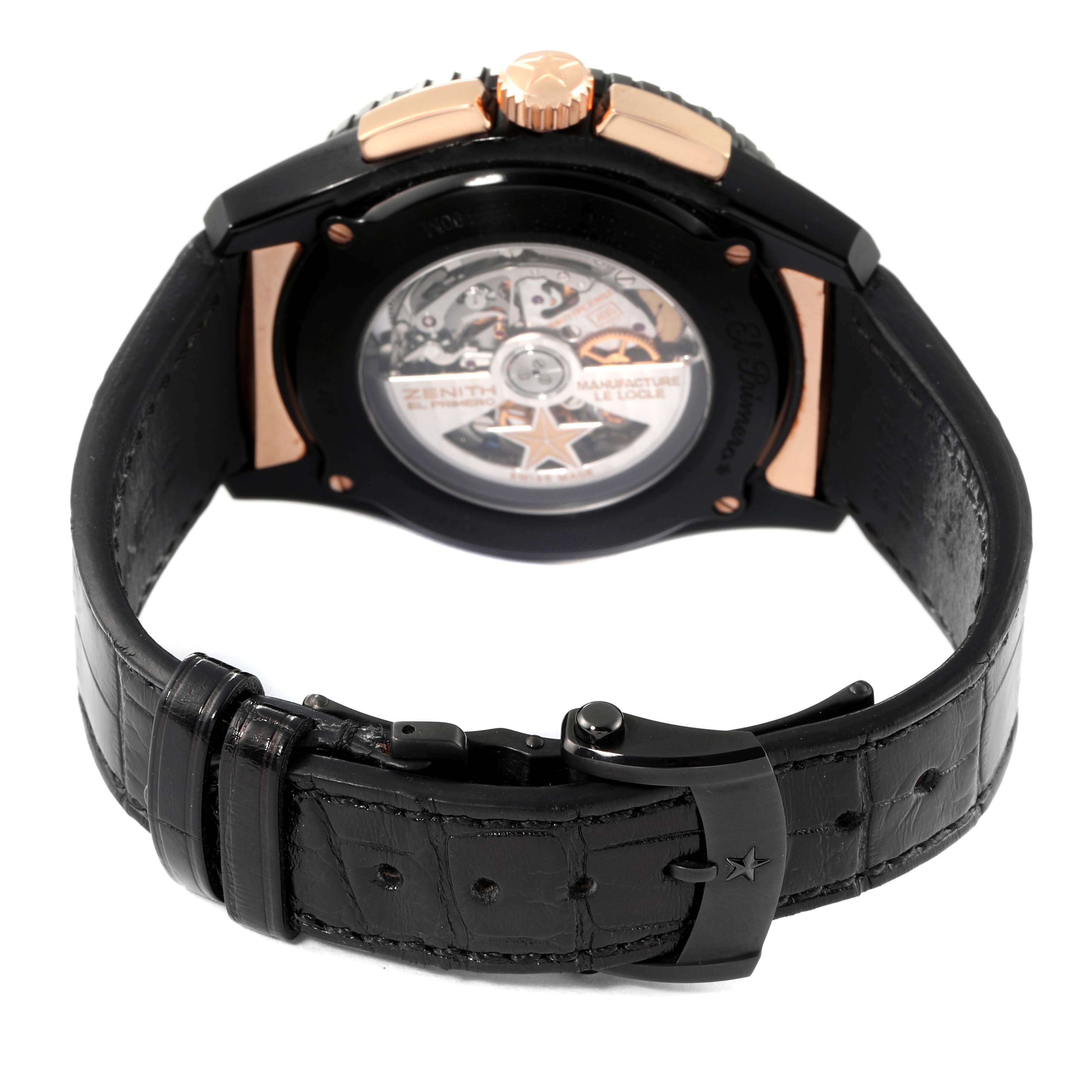 The image shows the back view of a Zenith El Primero 85.2060.405/23.C714 Men's Ceramic Black Dial 85.2060.405/23.C714 Men's Ceramic Black Dial watch, highlighting the movement mechanism and leather strap.
