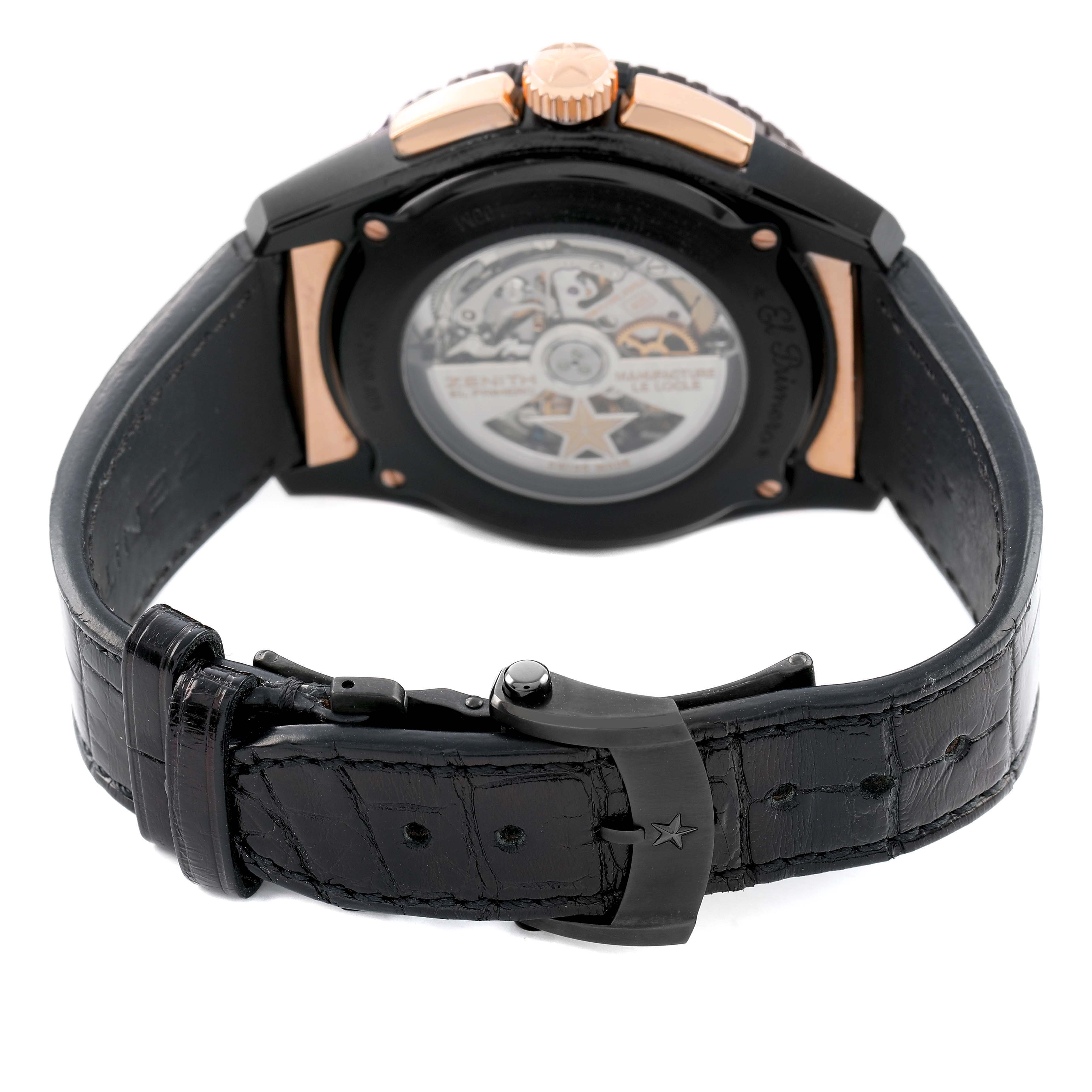 The Zenith El Primero 85.2060.405/23.C714 Men's Ceramic Black Dial watch is shown from the rear, highlighting the case back, movement, and leather strap.