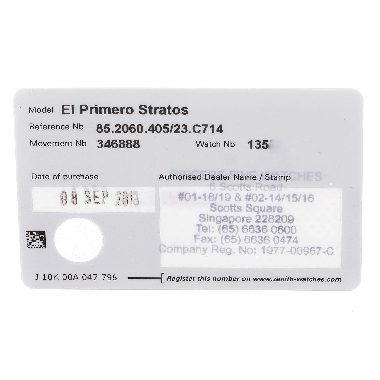 This image shows a warranty card for the Zenith El Primero 85.2060.405/23.C714 Men's Ceramic Black Dial 85.2060.405/23.C714 Men's Ceramic Black Dial Stratos watch model, displaying reference and movement numbers.