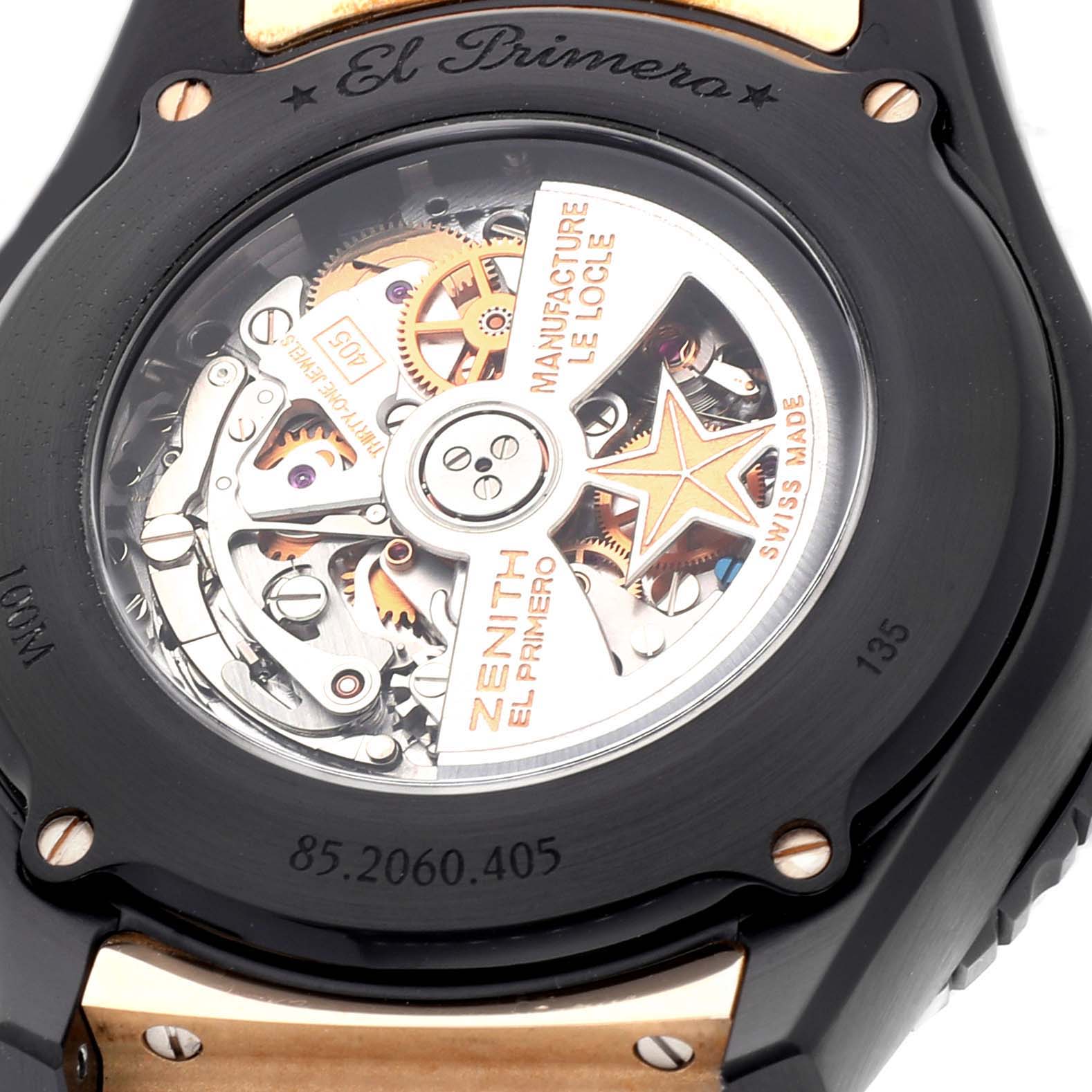 The image shows the back view of the Zenith El Primero 85.2060.405/23.C714 Men's Ceramic Black Dial 85.2060.405/23.C714 Men's Ceramic Black Dial watch, displaying its intricate internal mechanism and rotor.