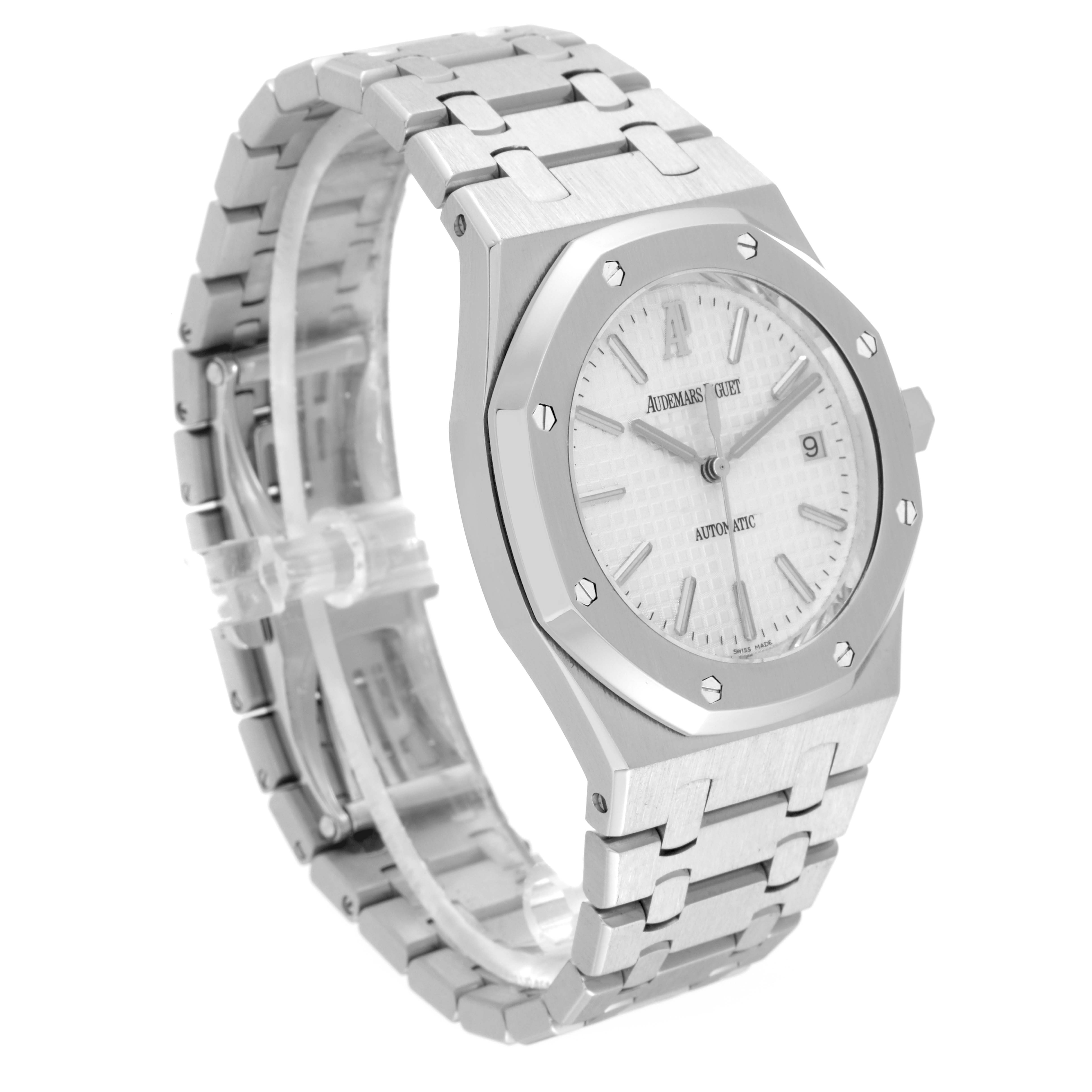This image shows an angled side view of the Audemars Piguet Royal Oak 15300ST.00.1220ST.01 Men's Stainless Steel White Dial 15300ST.00.1220ST.01 Men's Stainless Steel White Dial watch, highlighting the bracelet, bezel, and dial.
