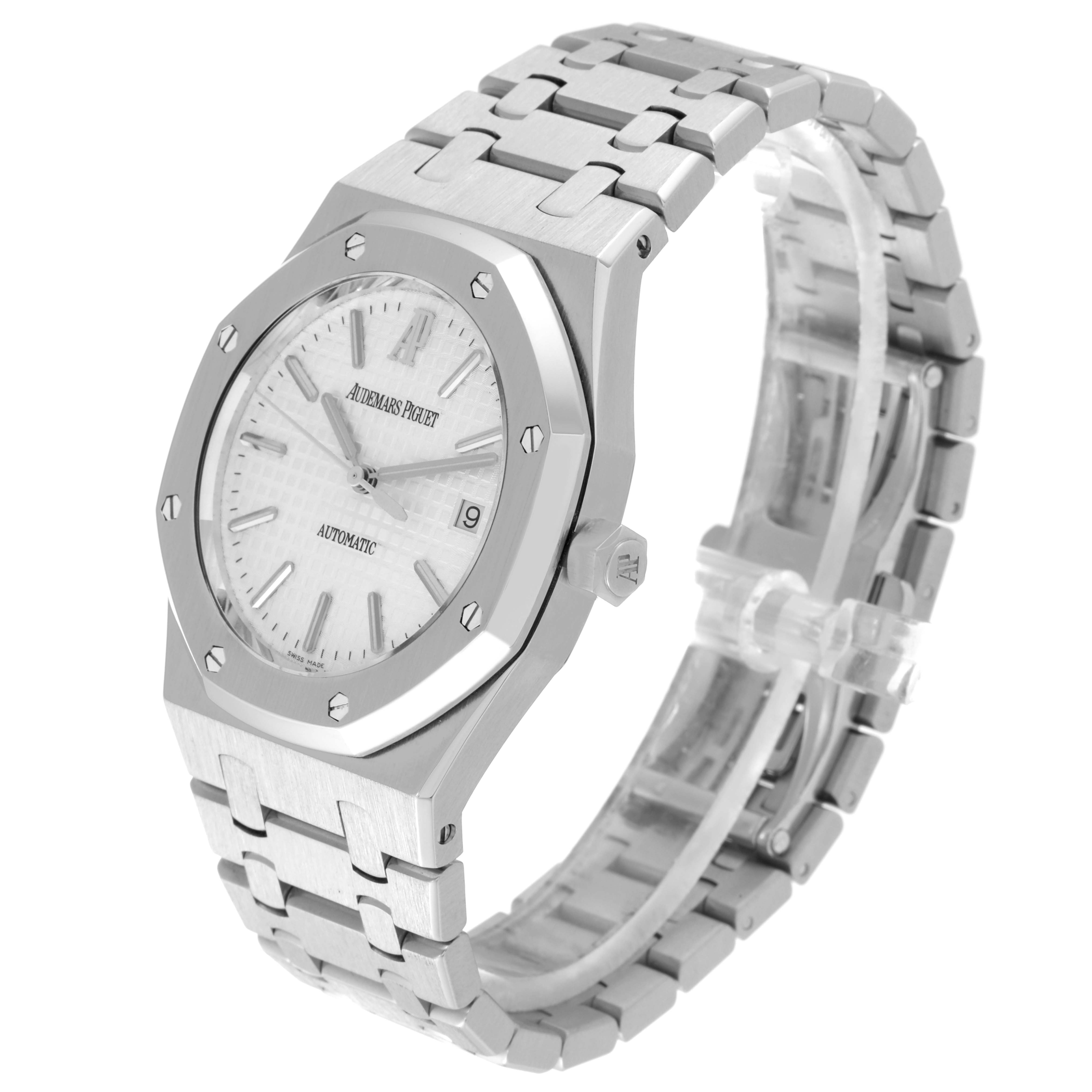 The image shows a side-angle view of the Audemars Piguet Royal Oak 15300ST.00.1220ST.01 Men's Stainless Steel White Dial 15300ST.00.1220ST.01 Men's Stainless Steel White Dial watch, highlighting its face, bezel, crown, and bracelet.