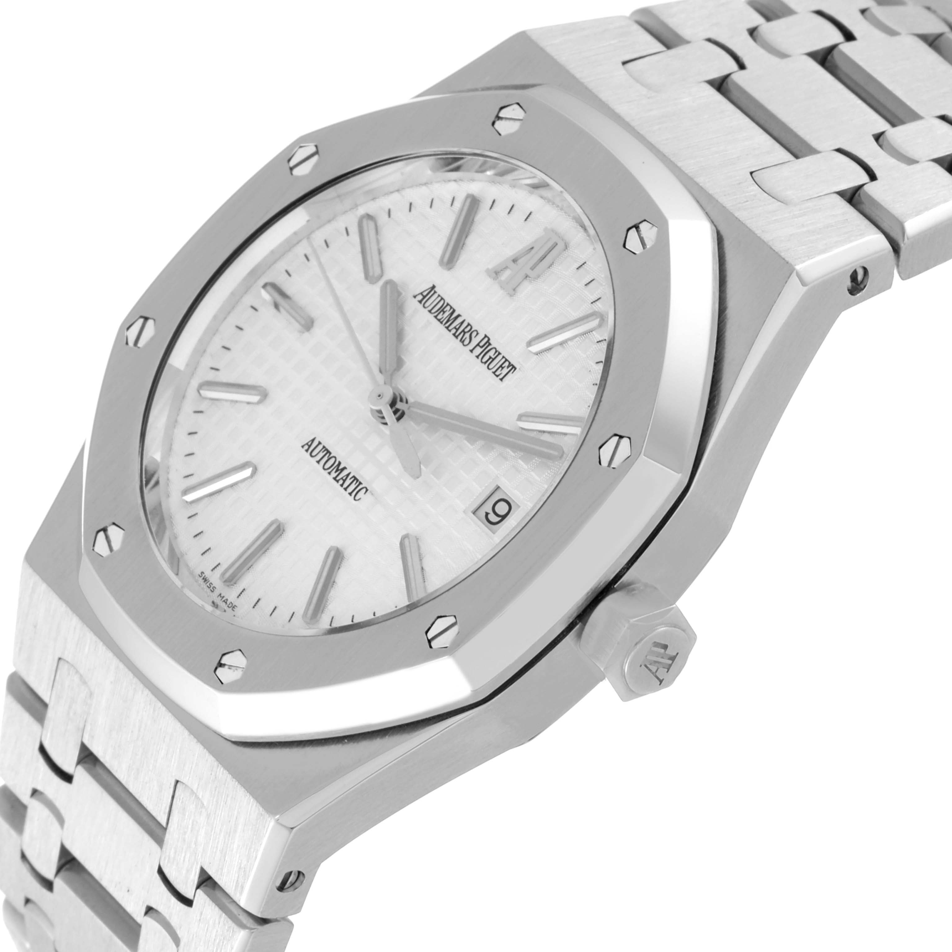 This image shows an angled close-up of the Audemars Piguet Royal Oak 15300ST.00.1220ST.01 Men's Stainless Steel White Dial 15300ST.00.1220ST.01 Men's Stainless Steel White Dial watch, highlighting the face, bezel, crown, and bracelet.