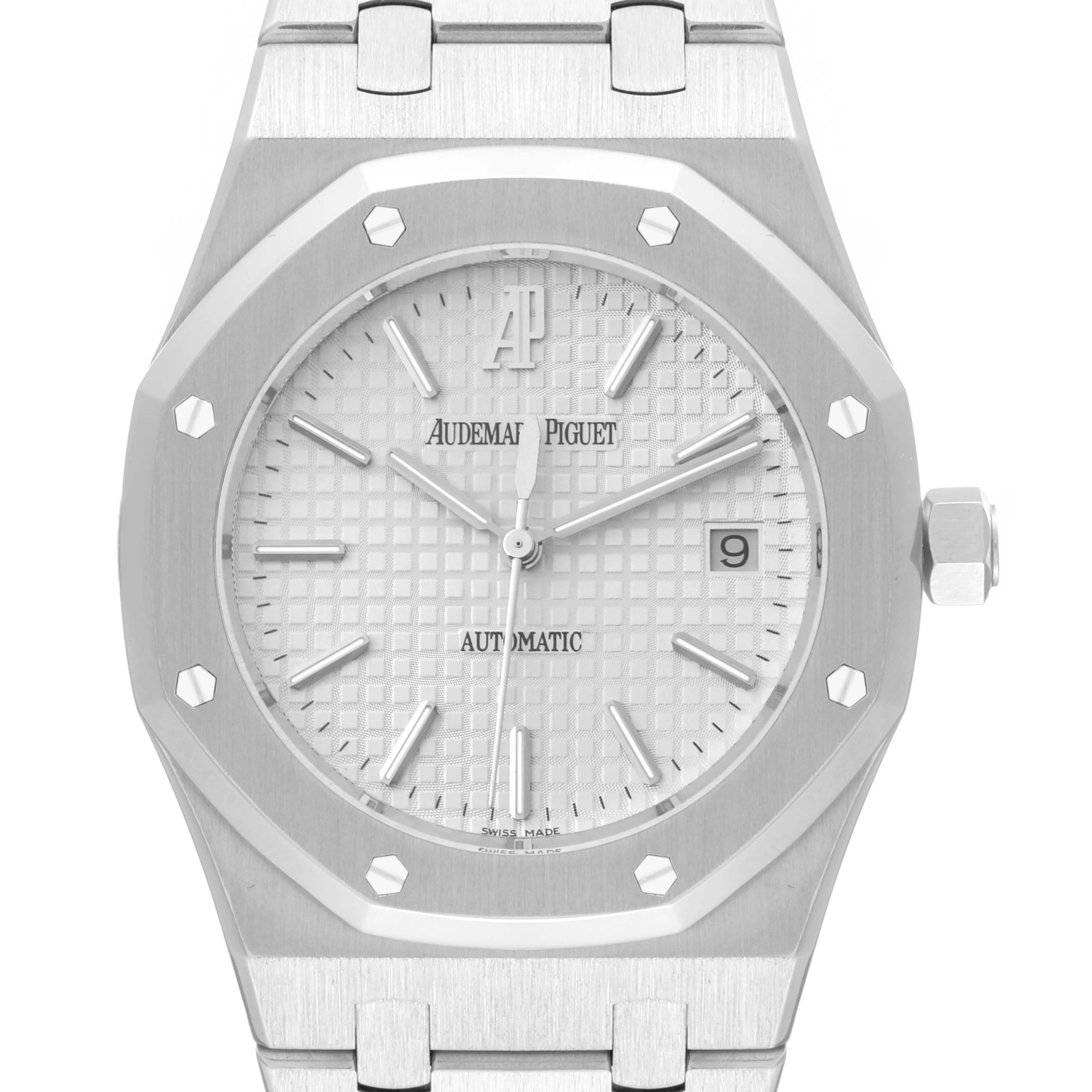 The image shows a front view of the Audemars Piguet Royal Oak 15300ST.00.1220ST.01 Men's Stainless Steel White Dial 15300ST.00.1220ST.01 Men's Stainless Steel White Dial watch, highlighting its octagonal bezel and textured dial.