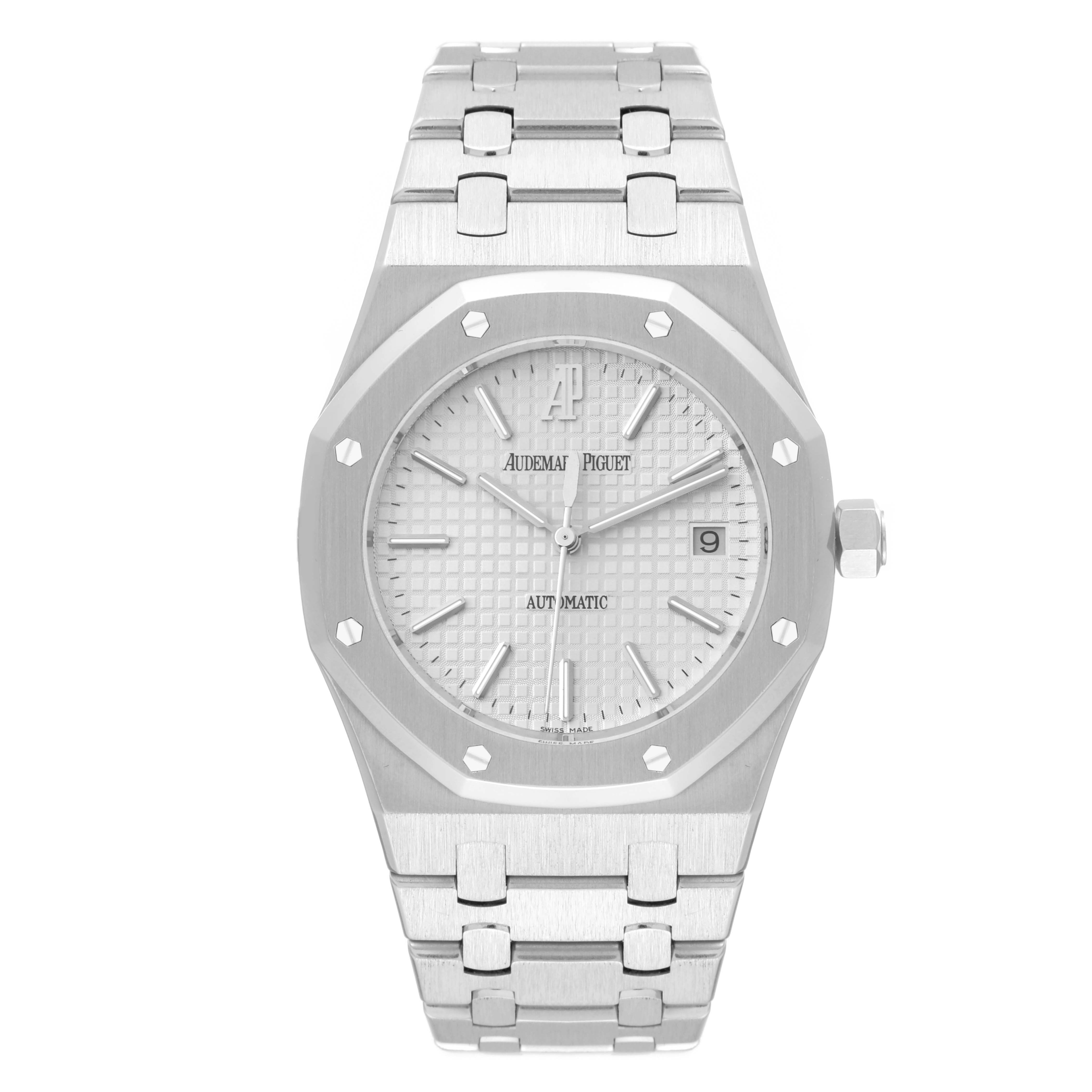 The image shows a front view of the Audemars Piguet Royal Oak 15300ST.00.1220ST.01 Men's Stainless Steel White Dial 15300ST.00.1220ST.01 Men's Stainless Steel White Dial watch, highlighting its dial, octagonal bezel, and bracelet.