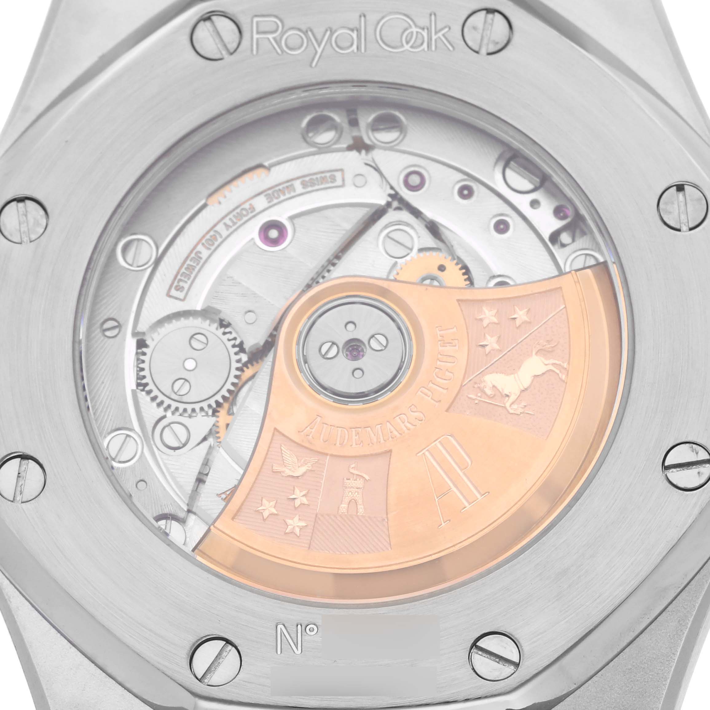 This image shows the back view of the Royal Oak watch by Audemars Piguet, highlighting its internal mechanical movement.