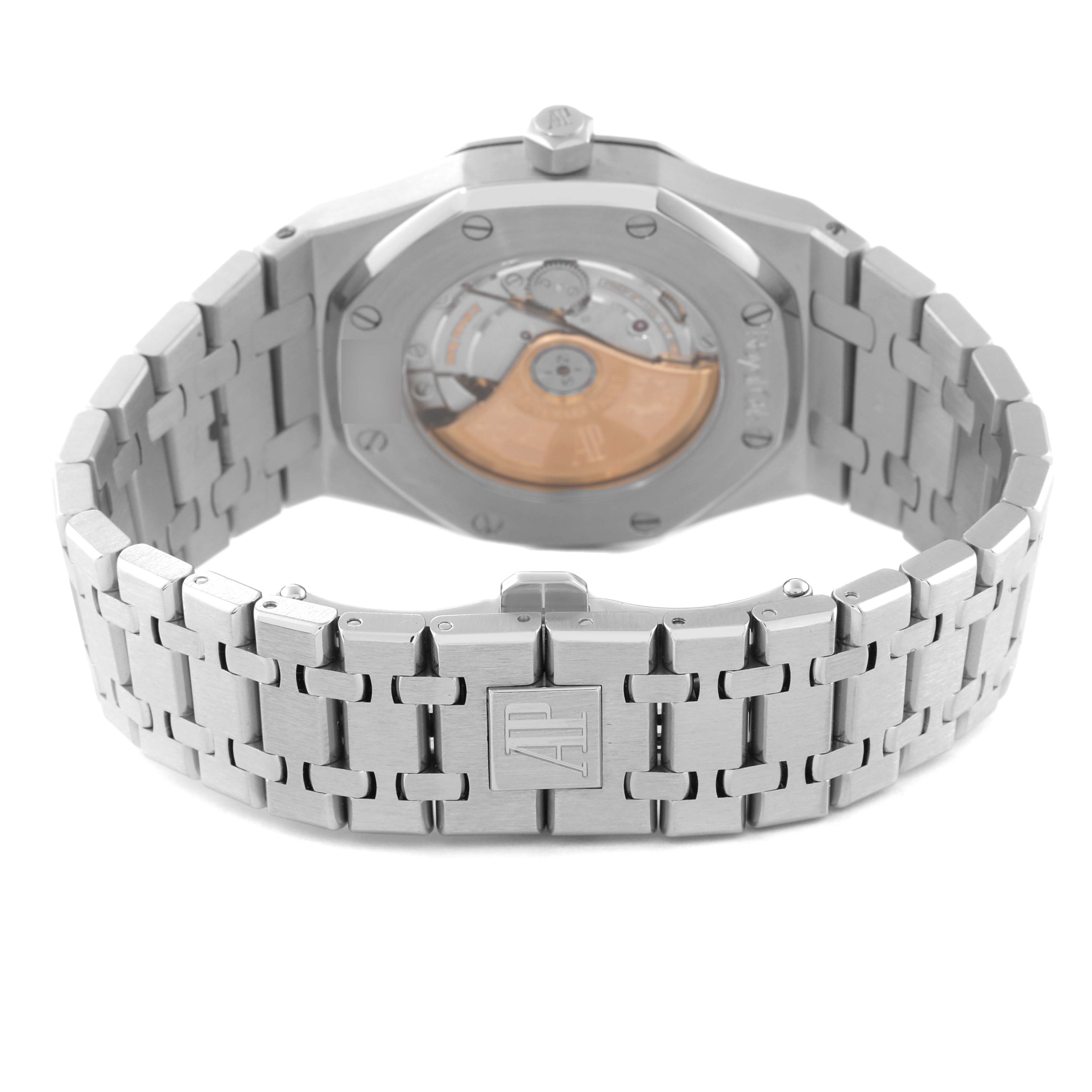 The image shows the back view of the Audemars Piguet Royal Oak 15300ST.00.1220ST.01 Men's Stainless Steel White Dial 15300ST.00.1220ST.01 Men's Stainless Steel White Dial watch, highlighting its open case back and metal bracelet.