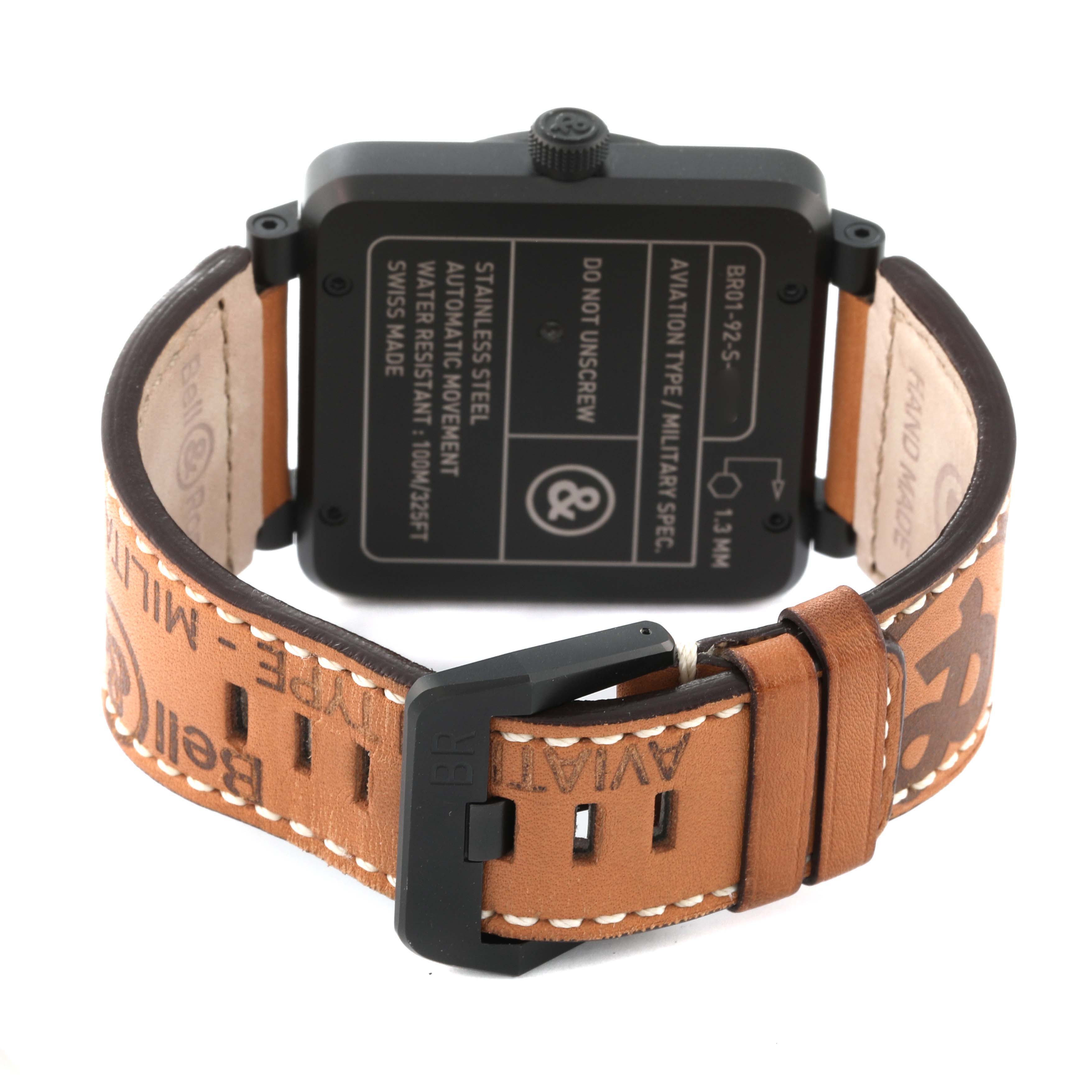 The image shows the back of a Bell & Ross Heritage BR01-92-S Men's Stainless Steel Black Dial BR01-92-S Men's Stainless Steel Black Dial model watch, displaying the case back and leather strap.