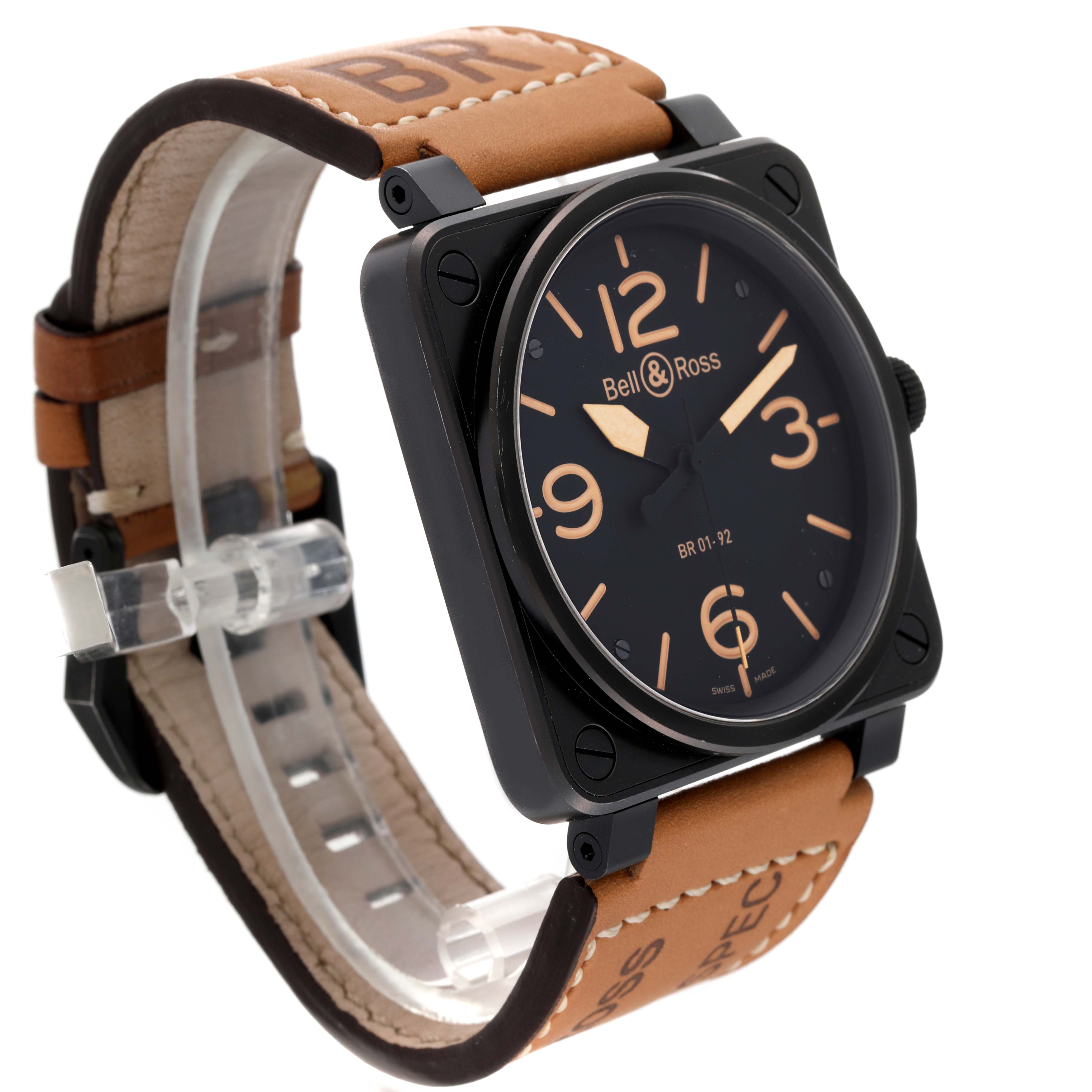 The Bell & Ross Heritage BR01-92-S Men's Stainless Steel Black Dial BR01-92-S Men's Stainless Steel Black Dial model watch is shown from an angled side view highlighting the face, case, and brown leather strap.