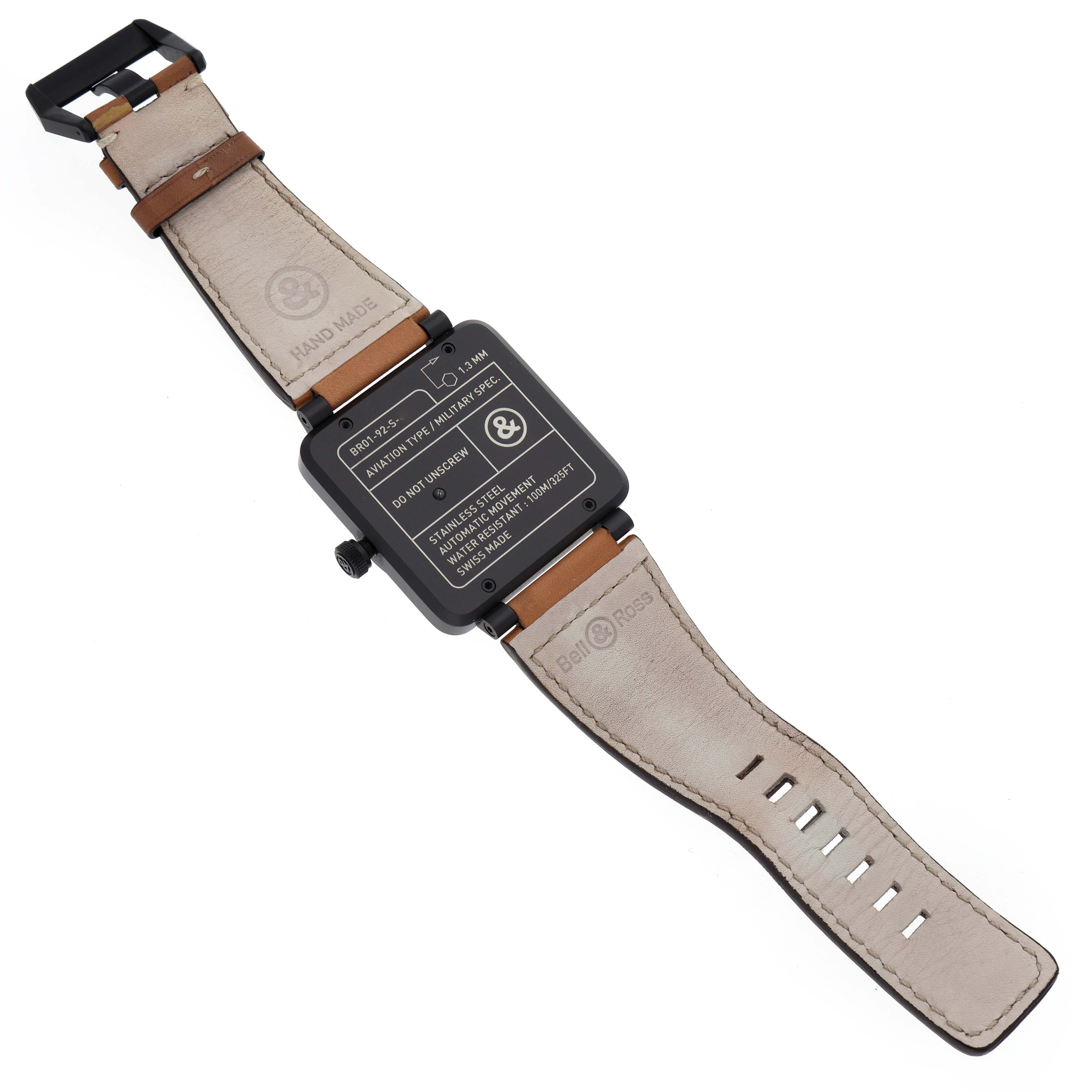 This image shows the back and strap of the Bell & Ross Heritage BR01-92-S Men's Stainless Steel Black Dial BR01-92-S Men's Stainless Steel Black Dial model watch lying flat.