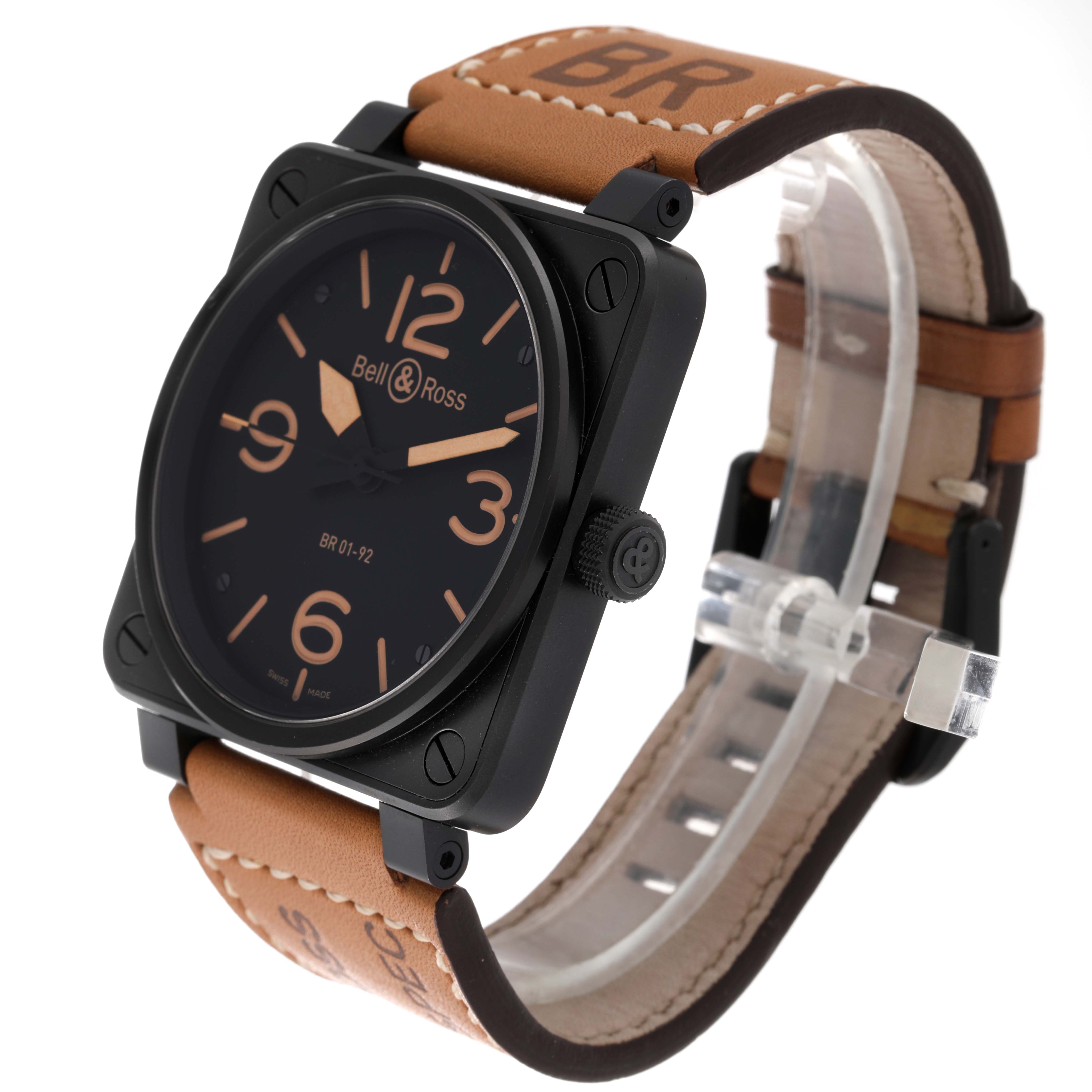 The image shows a side angle view of the Bell & Ross Heritage BR01-92-S Men's Stainless Steel Black Dial BR01-92-S Men's Stainless Steel Black Dial BR 01-92 watch, showcasing its black square case, black dial, and tan leather strap.
