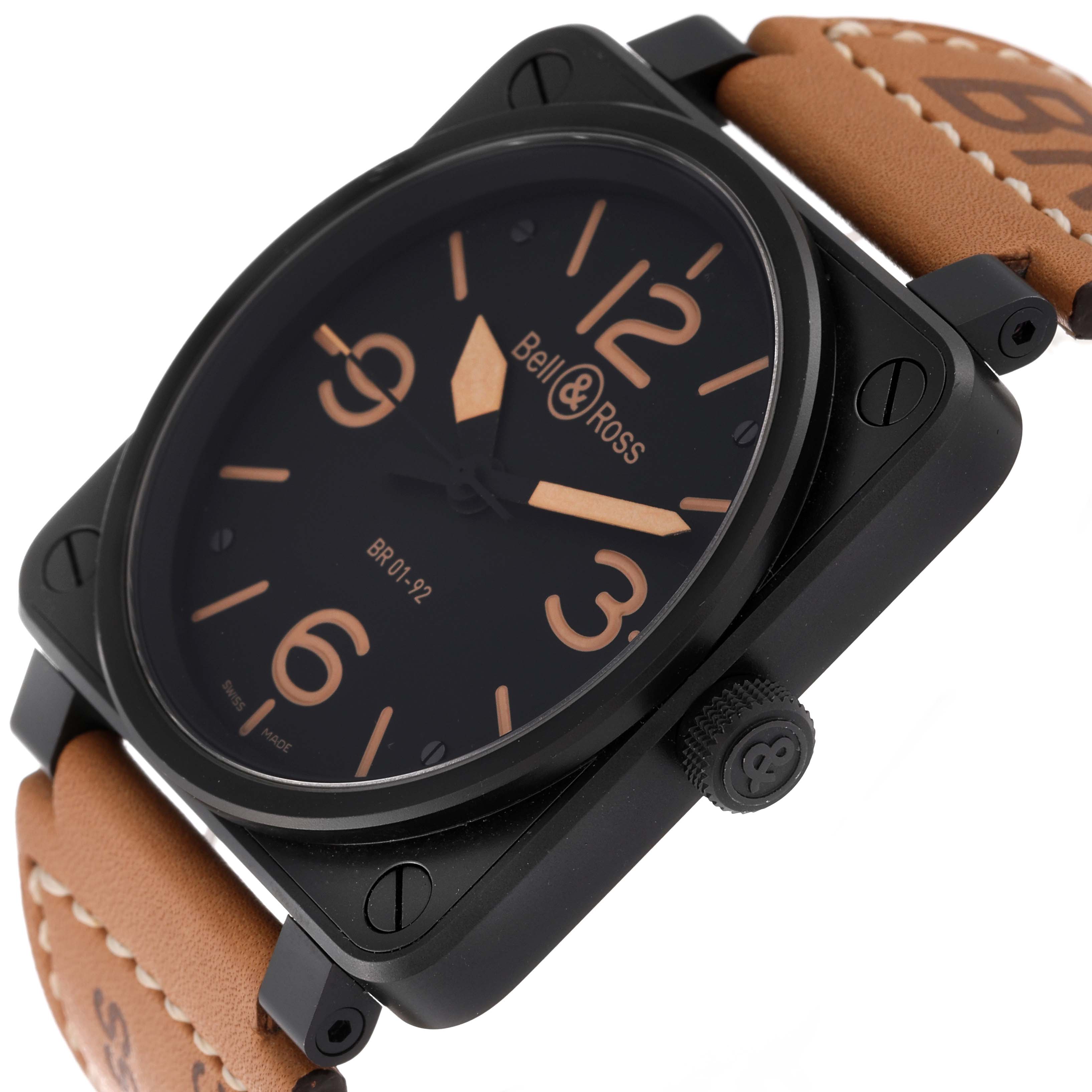 The image shows a Bell & Ross Heritage BR01-92-S Men's Stainless Steel Black Dial BR01-92-S Men's Stainless Steel Black Dial model watch at a slight side angle, highlighting the face, bezel, crown, and strap connection.