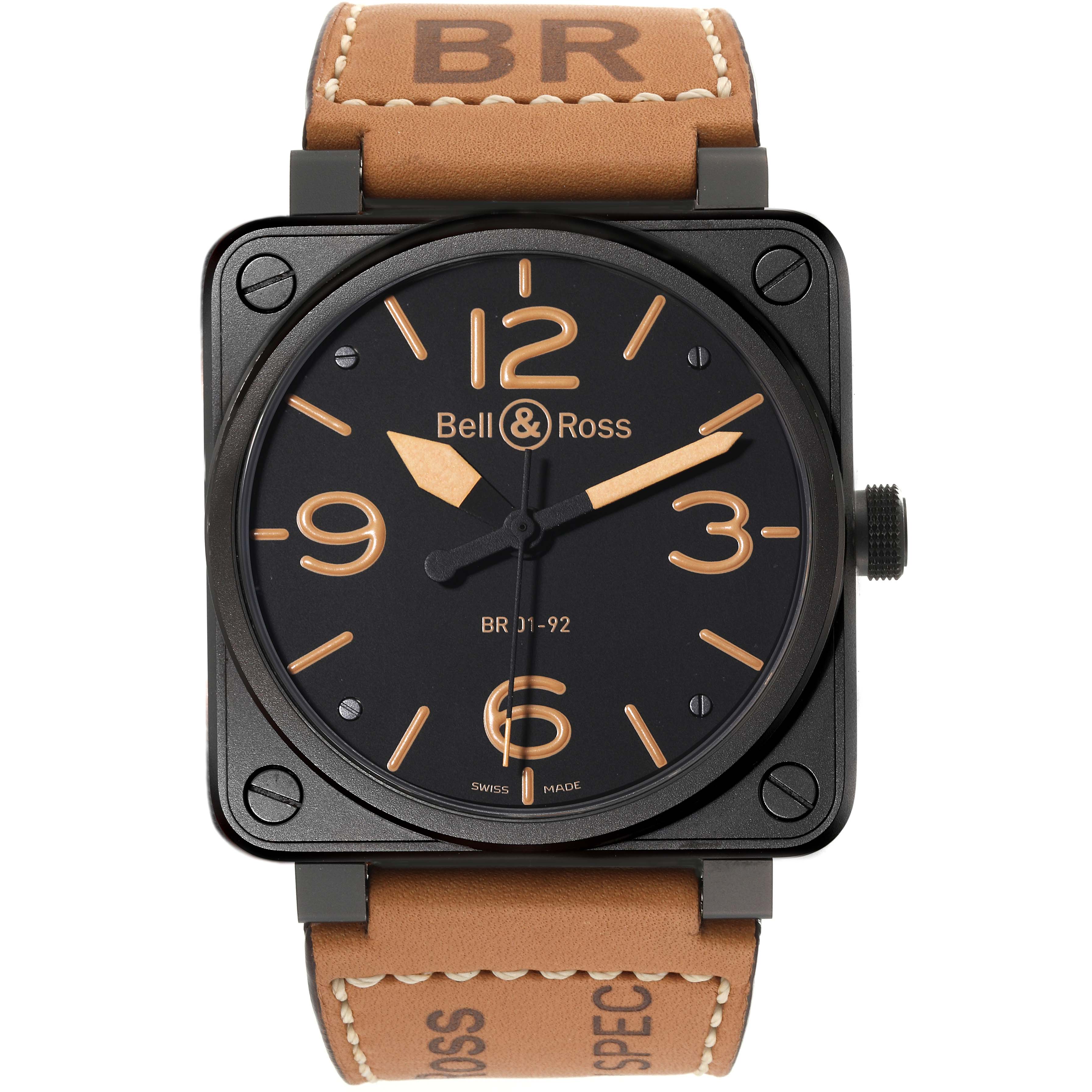 The image shows a front view of the Bell & Ross Heritage BR01-92-S Men's Stainless Steel Black Dial BR01-92-S Men's Stainless Steel Black Dial BR 01-92 watch, highlighting its square case, dial, and leather strap.