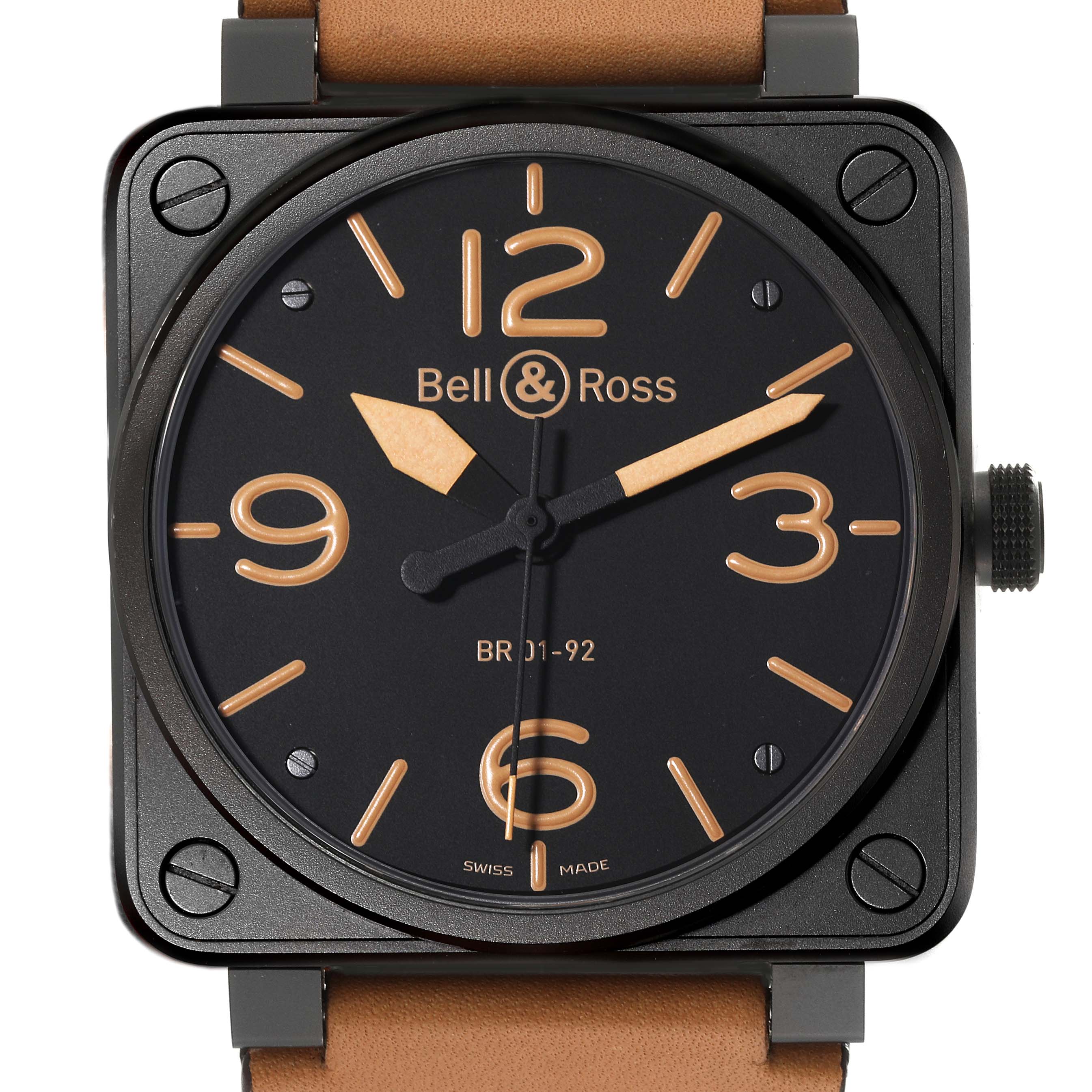 The image shows a front view of the Bell & Ross Heritage BR01-92-S Men's Stainless Steel Black Dial BR01-92-S Men's Stainless Steel Black Dial model watch, displaying its square case, dial, and strap.
