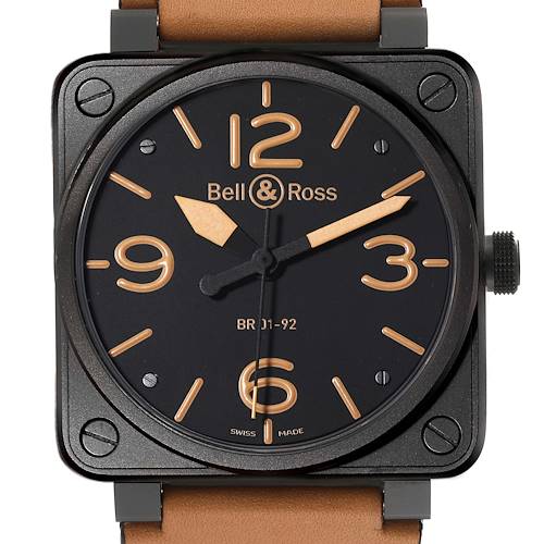 This image showcases a front view of the Bell & Ross Heritage model watch, highlighting its square case and dial.