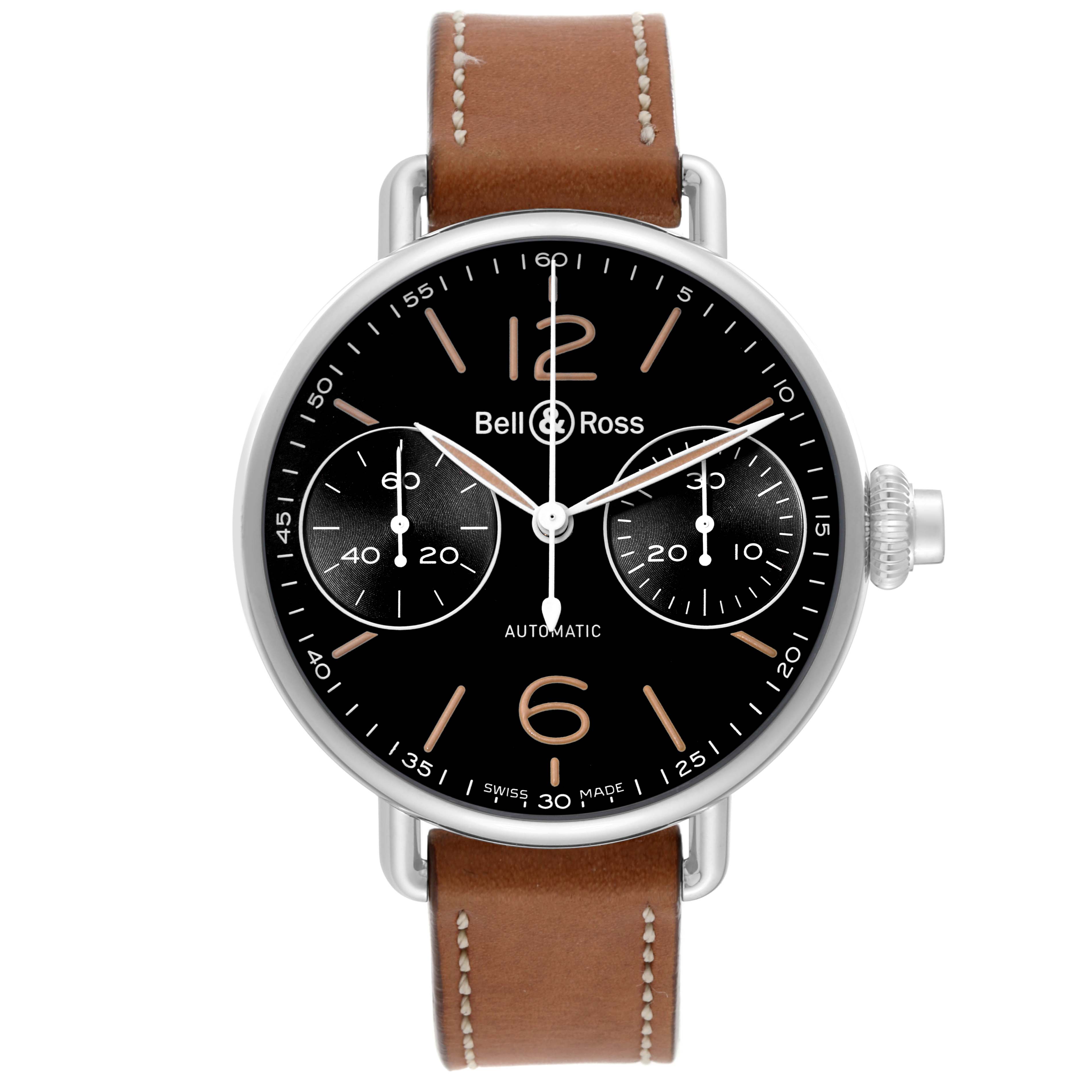 This image shows a Bell & Ross Heritage BRWW1-MP01 Men's Stainless Steel Black Dial BRWW1-MP01 Men's Stainless Steel Black Dial model watch from a front angle, highlighting its black dial, tan leather strap, and chronograph subdials.