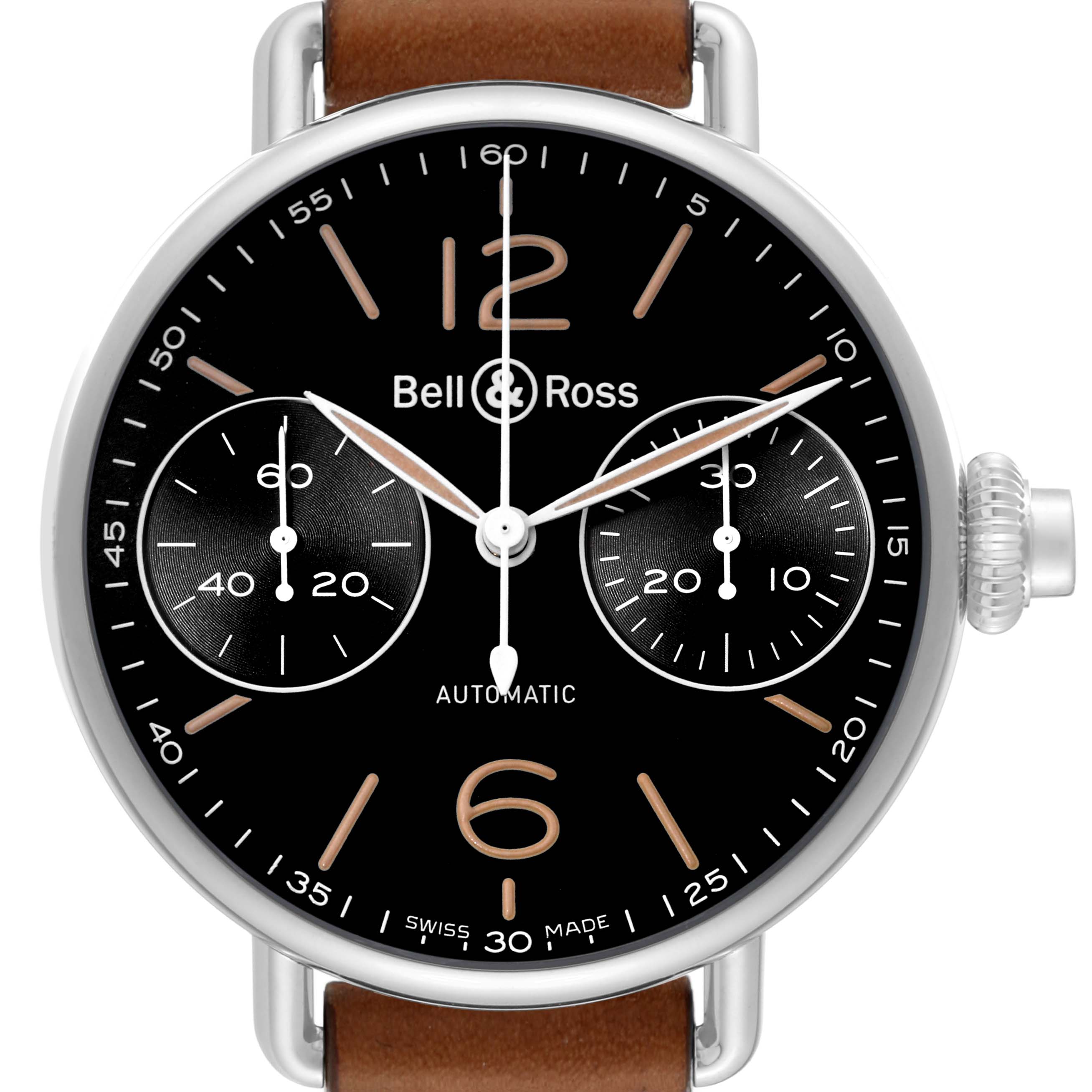 The image shows a front view of the Bell & Ross Heritage BRWW1-MP01 Men's Stainless Steel Black Dial BRWW1-MP01 Men's Stainless Steel Black Dial model watch, displaying its black dial, two subdials, and brown leather strap.
