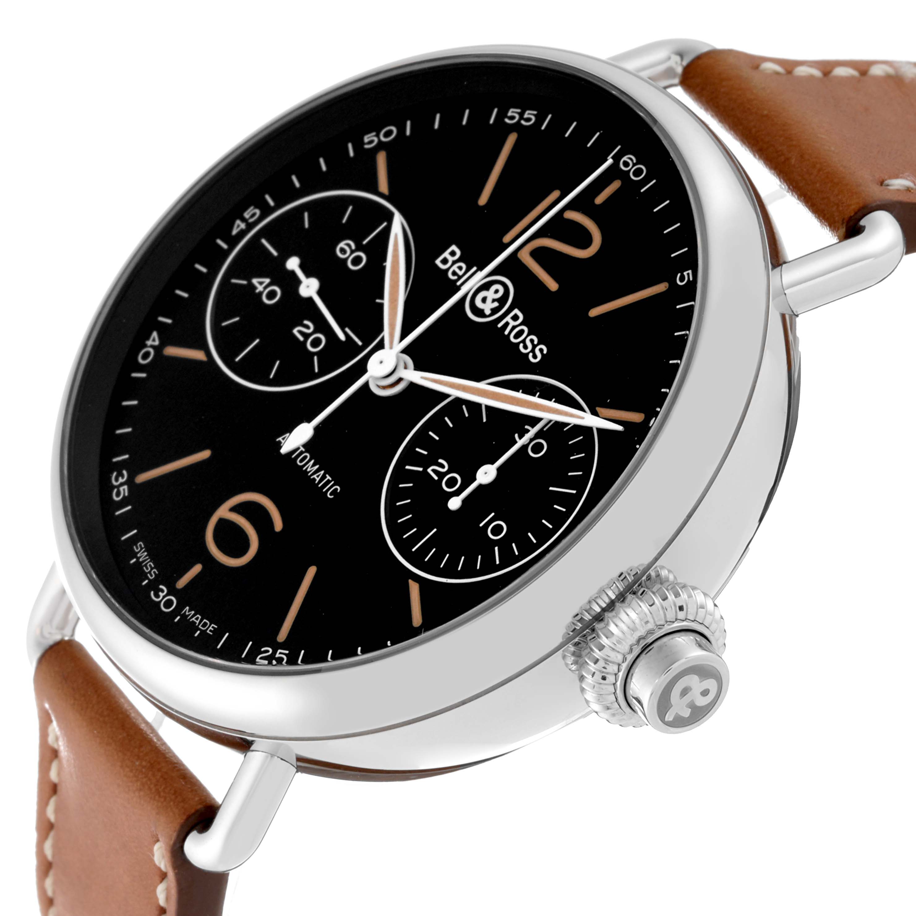 The image shows a side and partial top view of the Bell & Ross Heritage BRWW1-MP01 Men's Stainless Steel Black Dial BRWW1-MP01 Men's Stainless Steel Black Dial model watch, displaying its dial, casing, crown, and leather strap.