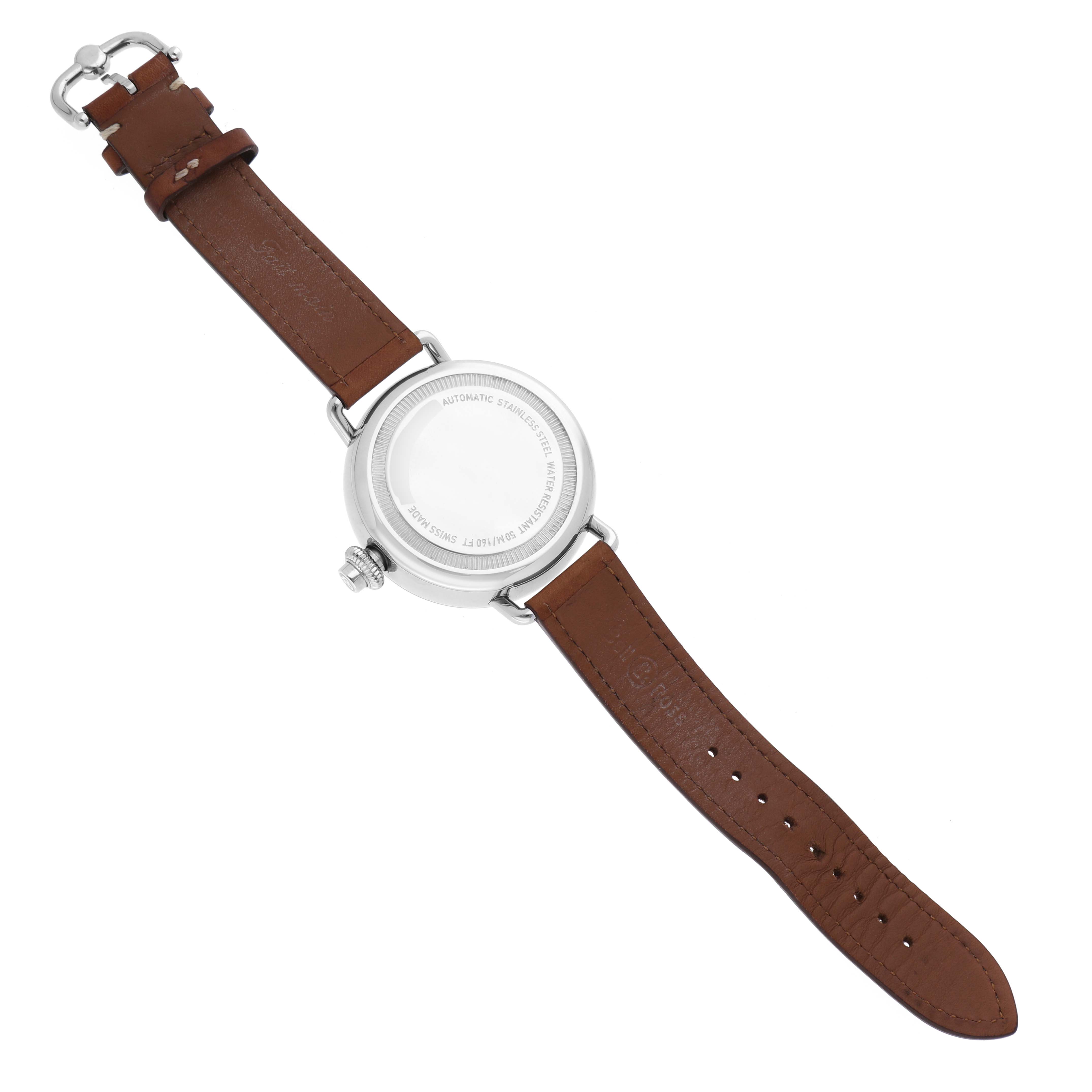 This image shows the back view of a Bell & Ross Heritage BRWW1-MP01 Men's Stainless Steel Black Dial BRWW1-MP01 Men's Stainless Steel Black Dial watch with its brown leather strap fully extended.