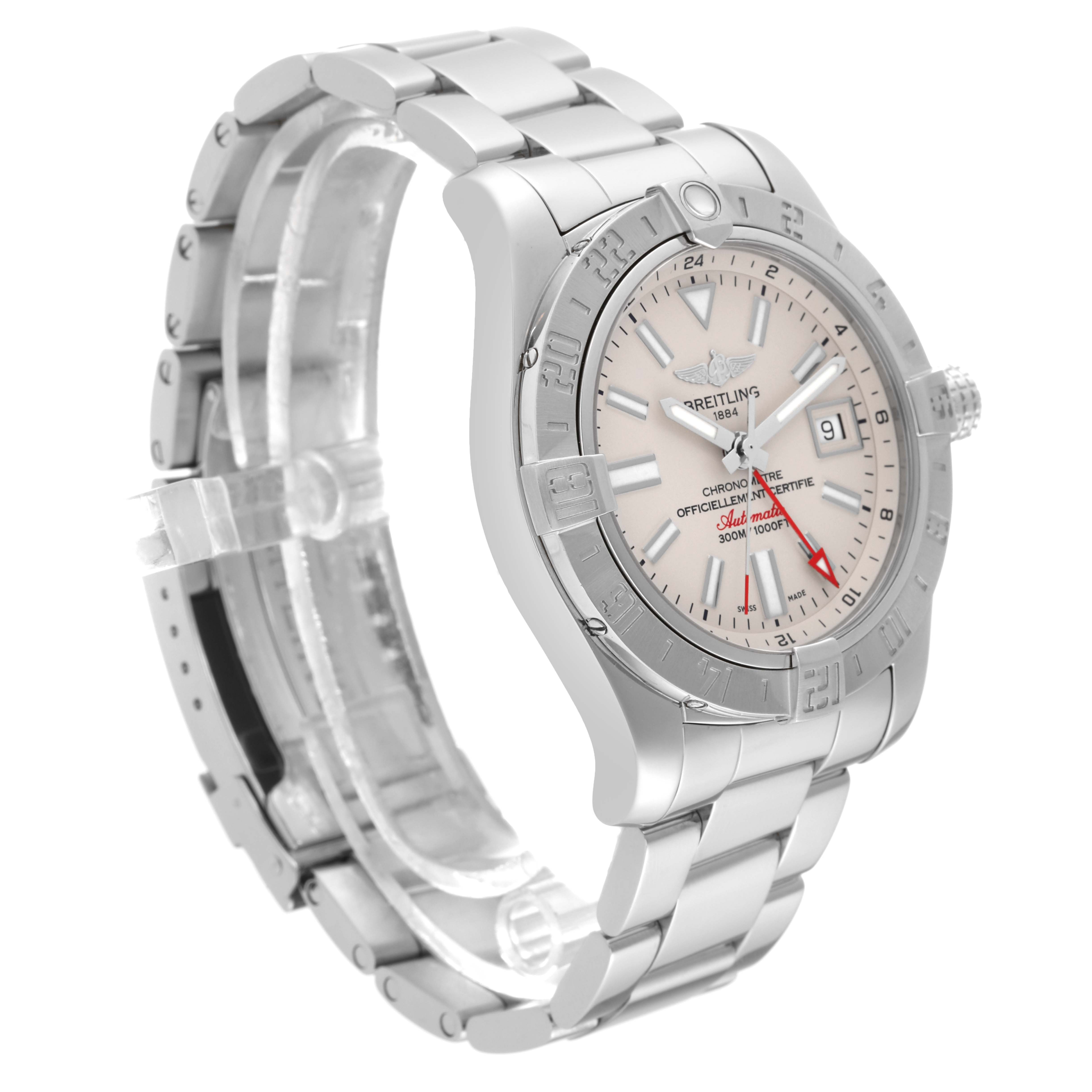 The image shows a side view of the Breitling Avenger A32390 Men's Stainless Steel White Dial A32390 Men's Stainless Steel White Dial watch, highlighting its stainless steel bracelet and bezel.