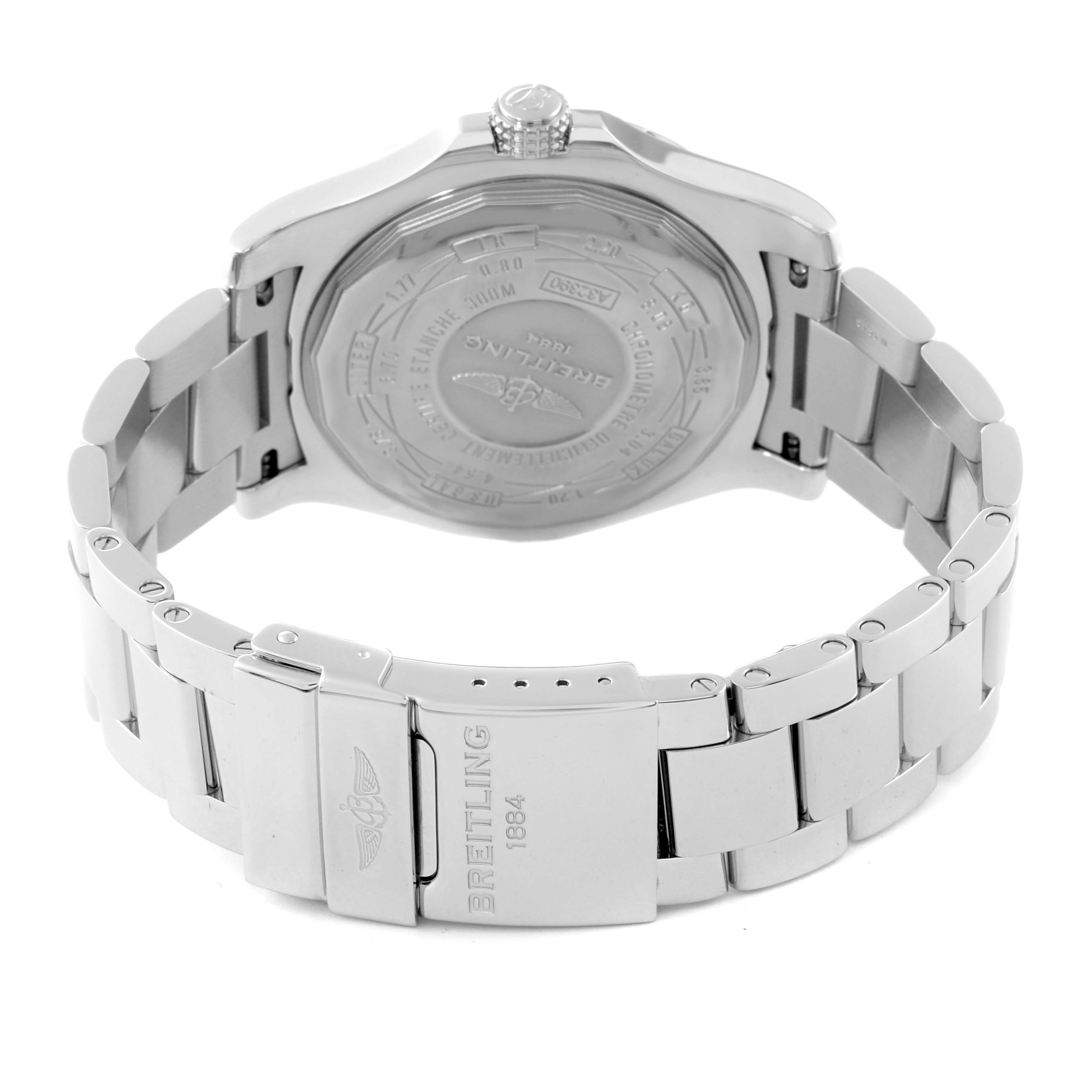 The image shows the back of a Breitling Avenger A32390 Men's Stainless Steel White Dial A32390 Men's Stainless Steel White Dial watch, highlighting the caseback, crown, and stainless steel bracelet with a clasp.