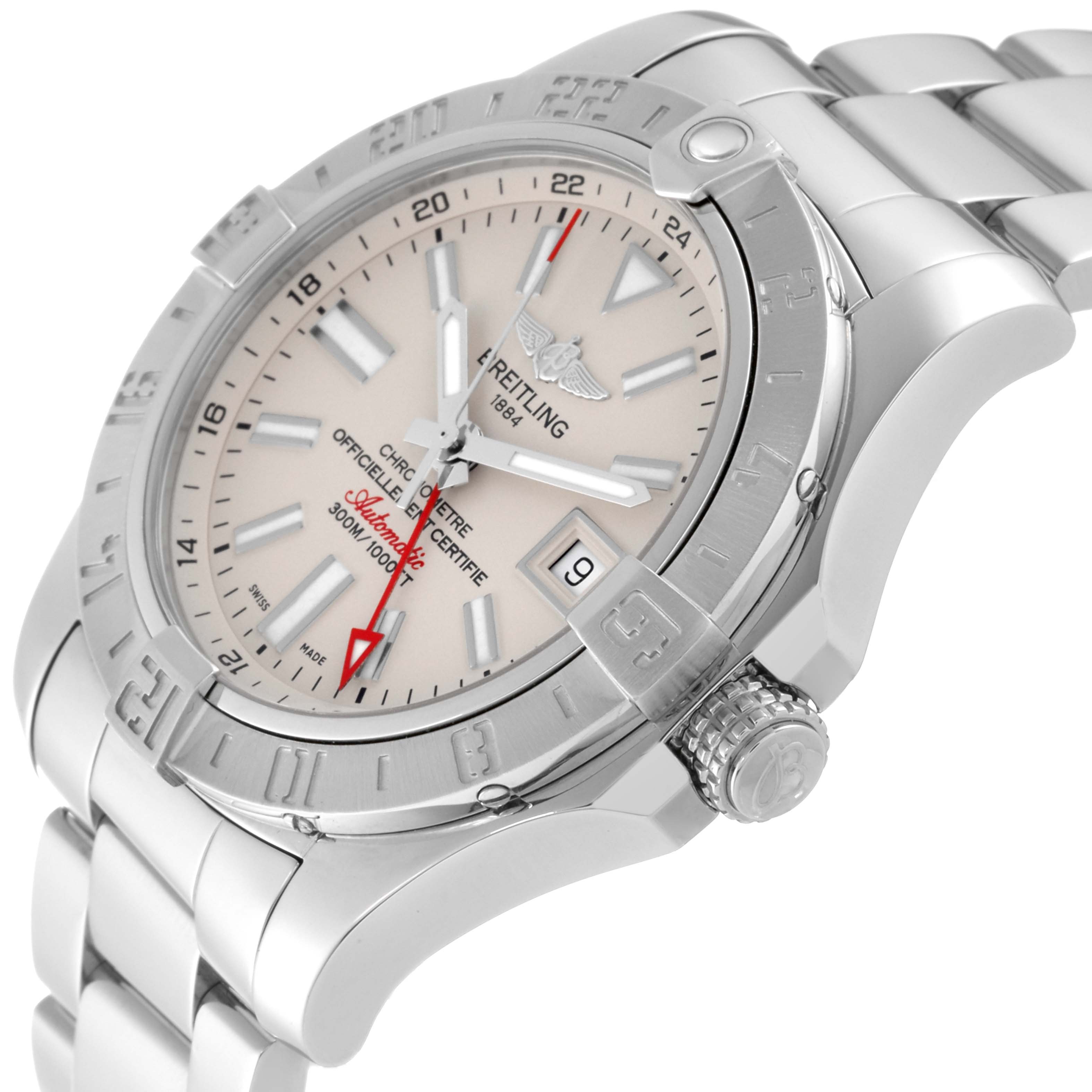 The image shows a close-up, angled view of a Breitling Avenger A32390 Men's Stainless Steel White Dial A32390 Men's Stainless Steel White Dial watch, highlighting its bezel, face, date window, and part of the bracelet.