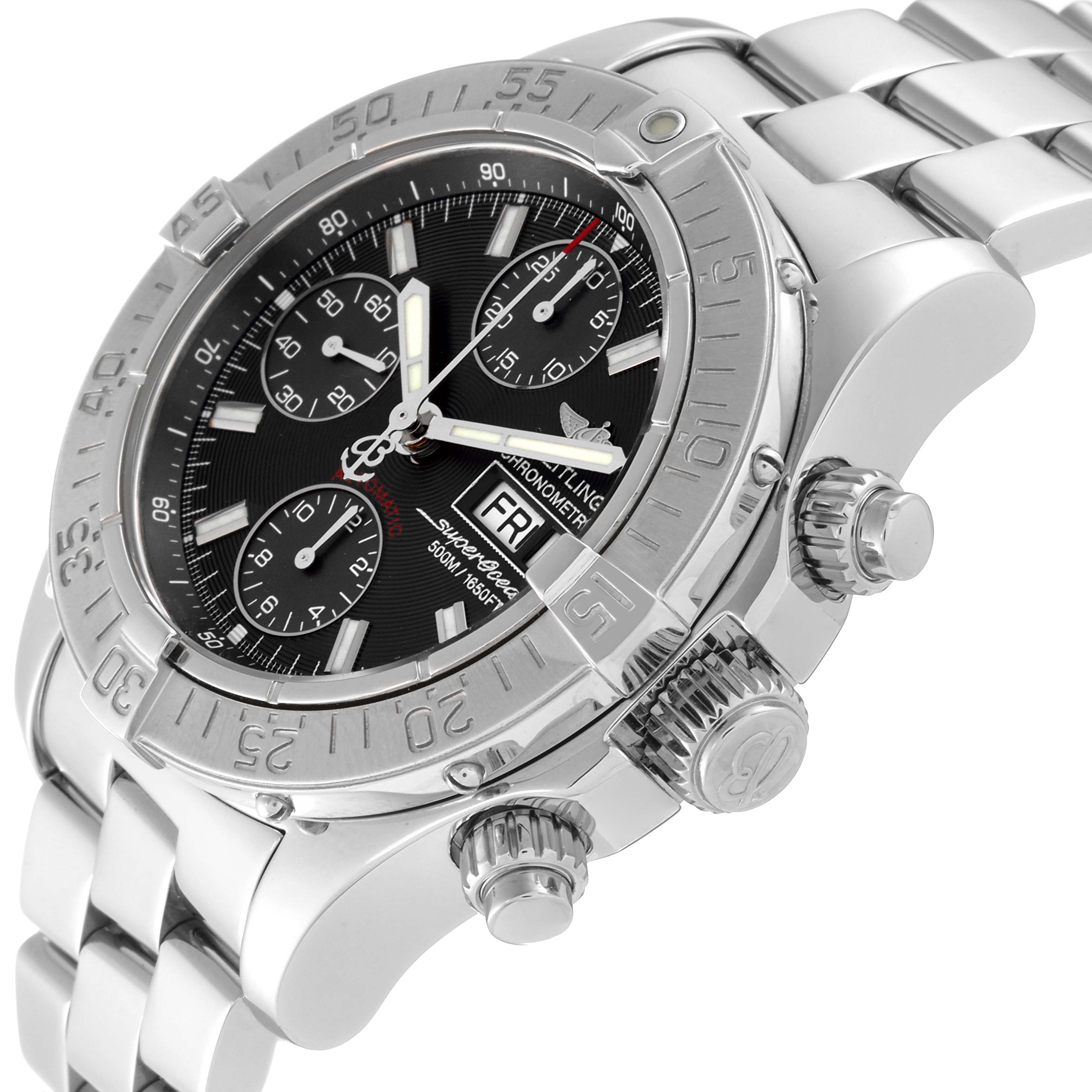 The image shows a close-up angle of the Breitling Superocean A13340 Men's Stainless Steel Grey Dial A13340 Men's Stainless Steel Grey Dial watch, highlighting the bezel, crown, pushers, and part of the bracelet.