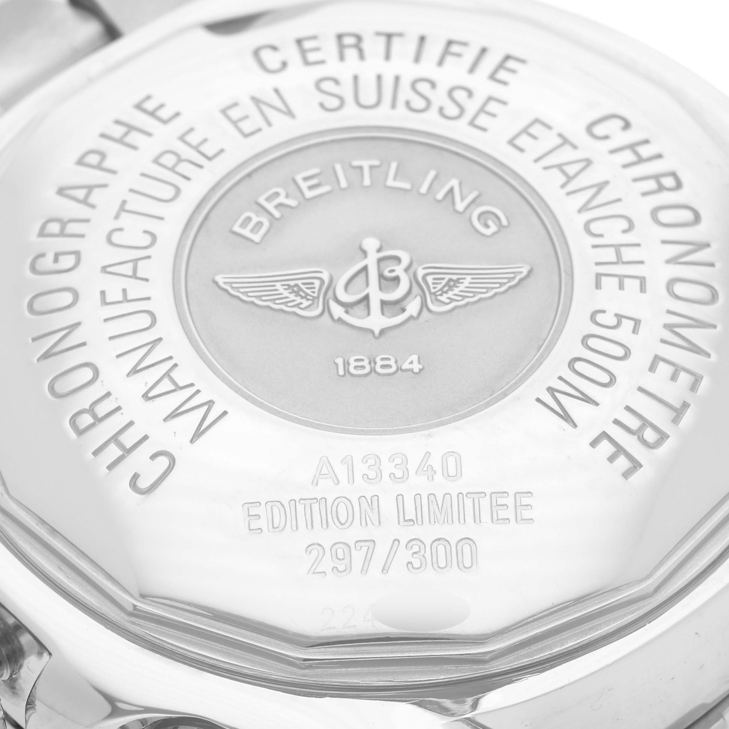 This image shows the engraved case back of a Breitling Superocean A13340 Men's Stainless Steel Grey Dial A13340 Men's Stainless Steel Grey Dial watch, including limited edition details and the manufacturer's branding.
