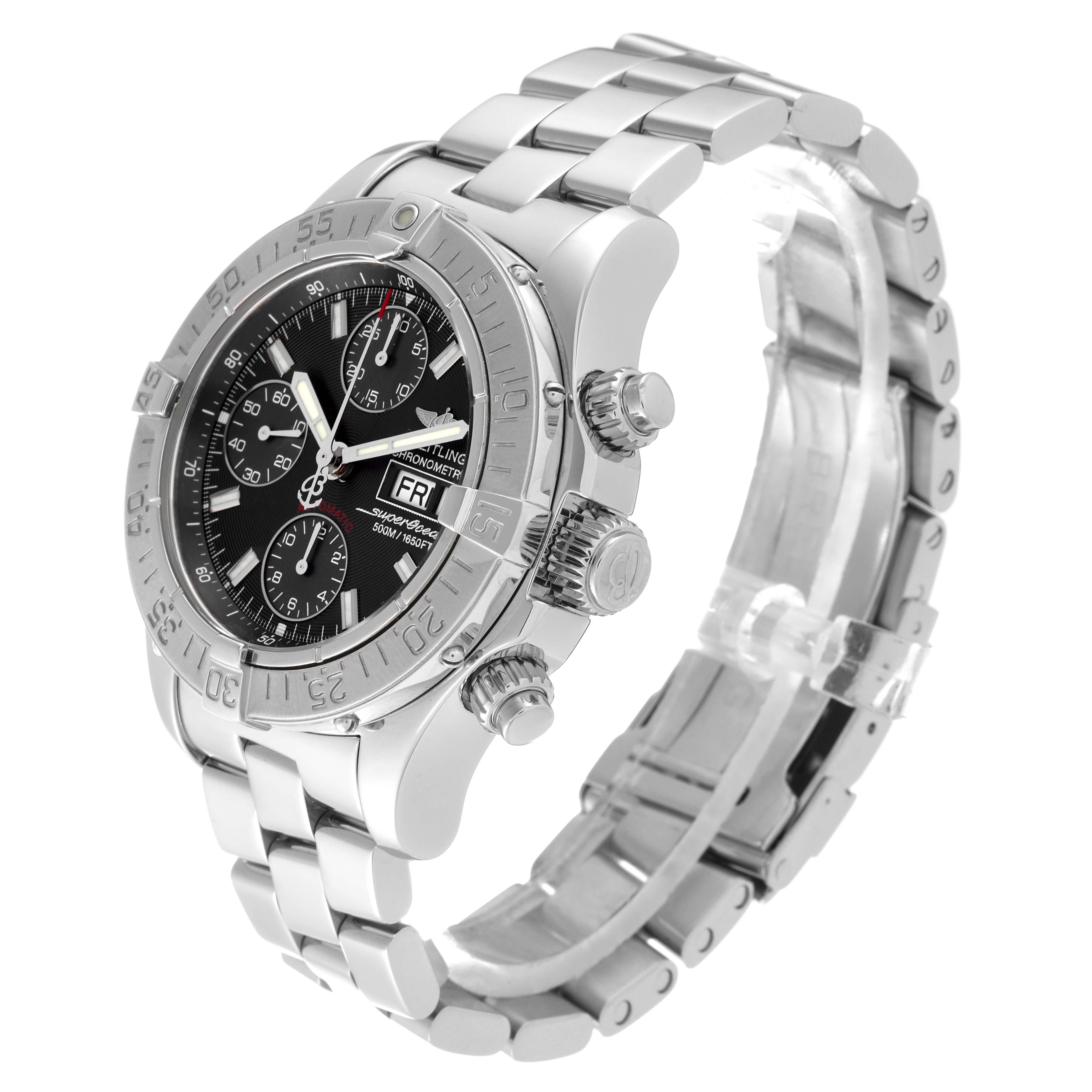 The Breitling Superocean A13340 Men's Stainless Steel Grey Dial A13340 Men's Stainless Steel Grey Dial watch is shown at an angle highlighting the face, bezel, crown, chronograph dials, and metal bracelet.