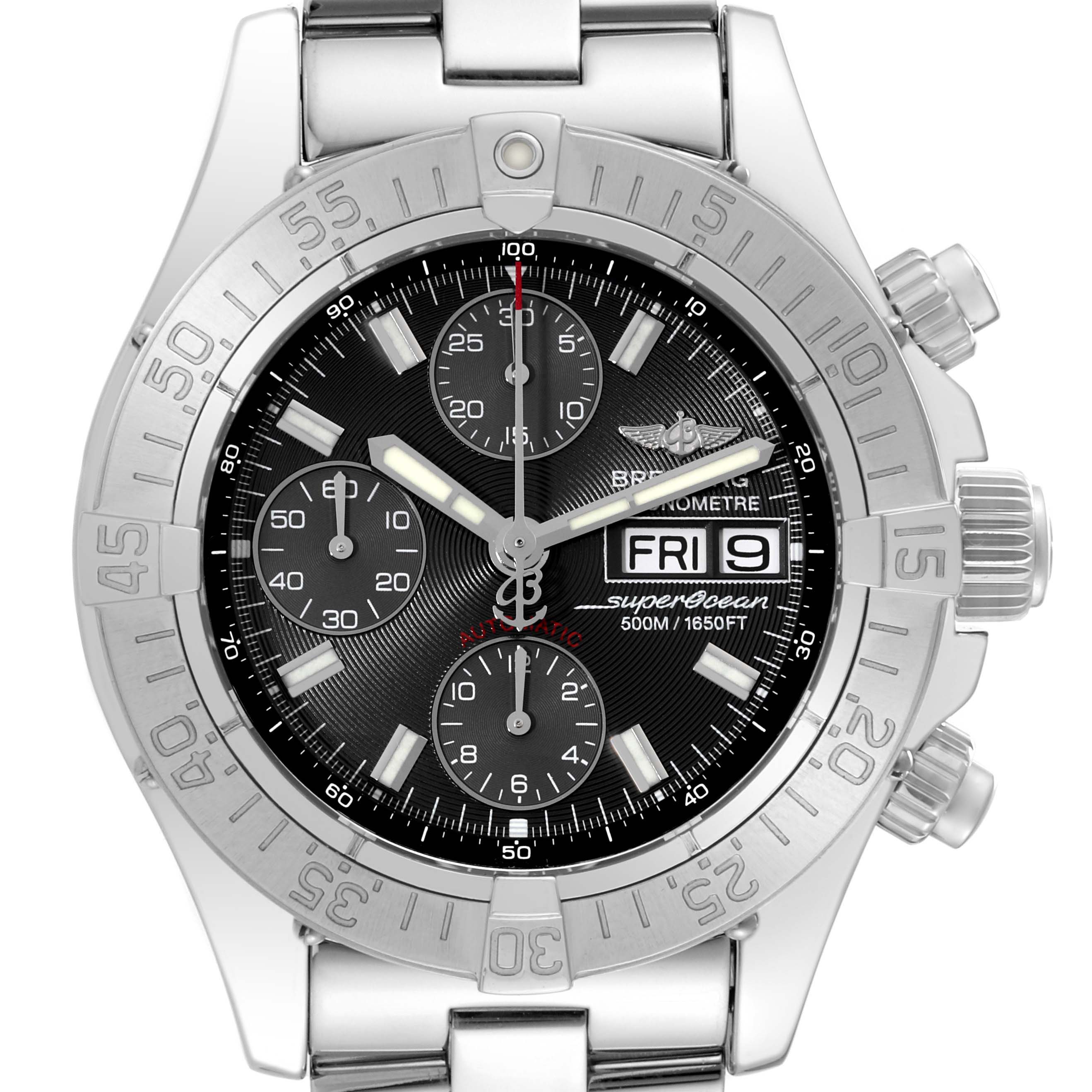 The image shows a front view of the Breitling Superocean A13340 Men's Stainless Steel Grey Dial A13340 Men's Stainless Steel Grey Dial watch, displaying the dial, bezel, chronograph sub-dials, and bracelet.