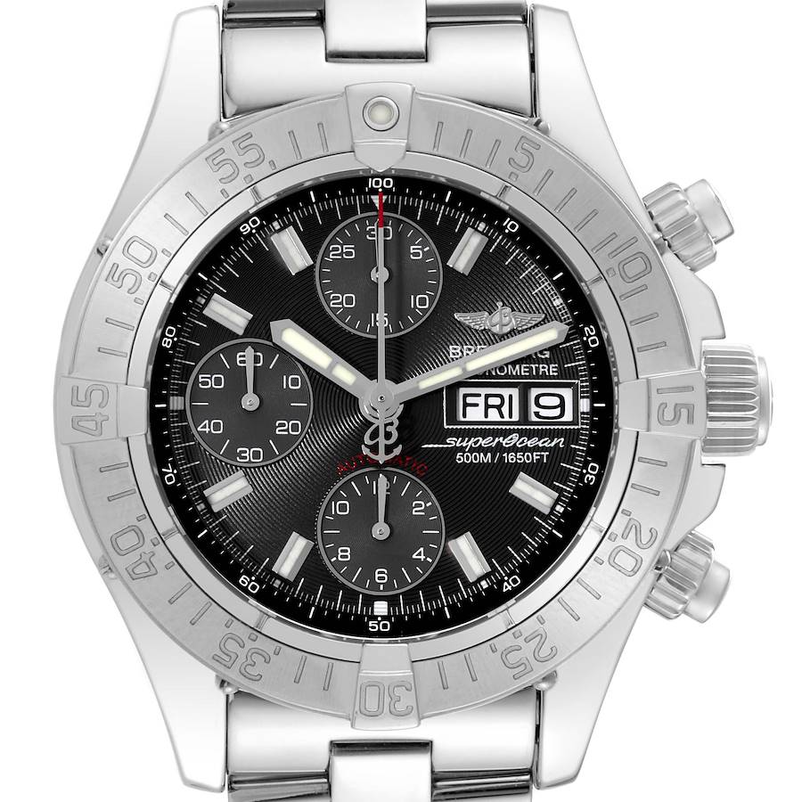 The image shows a front view of the Breitling Superocean watch, displaying the dial, bezel, chronograph sub-dials, and bracelet.