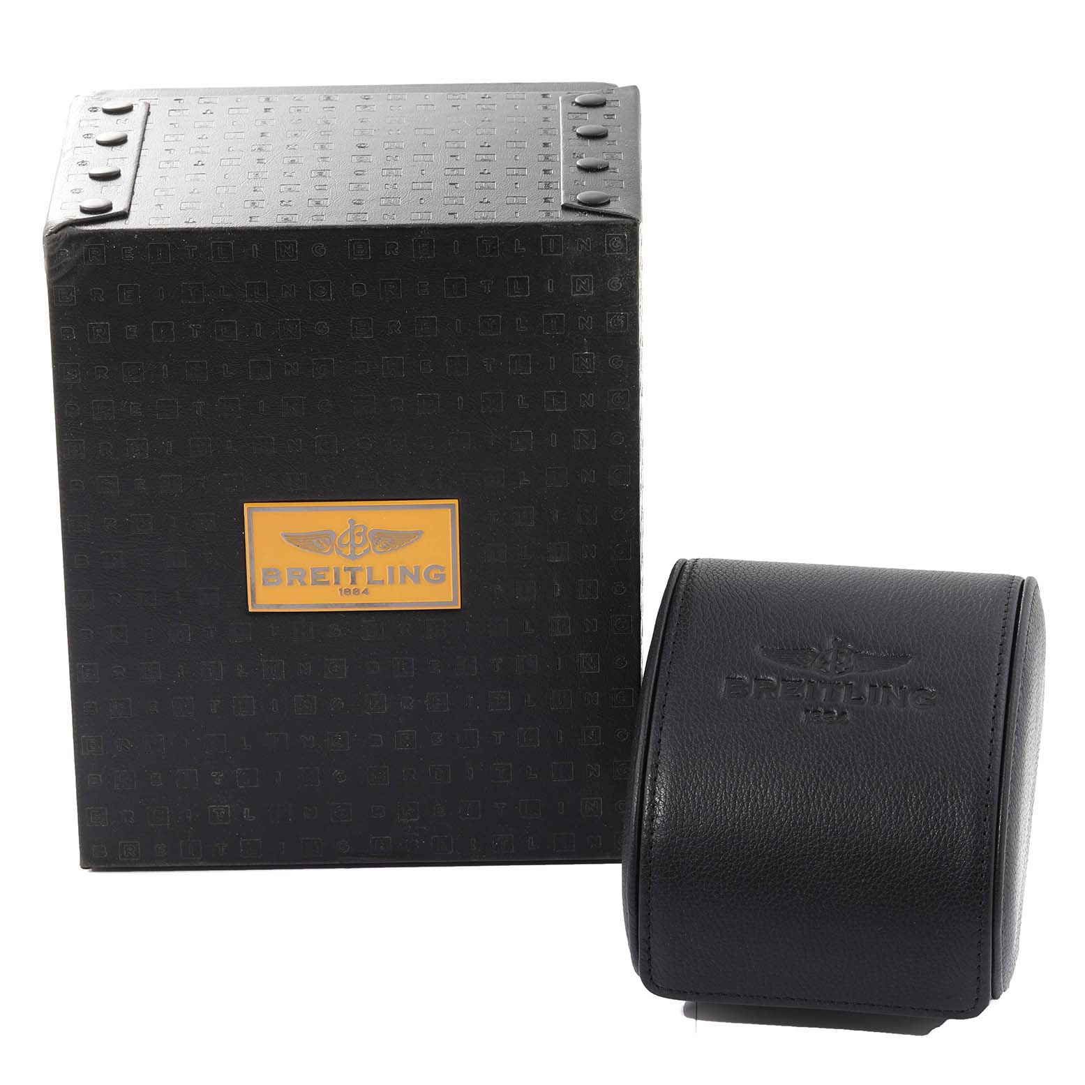 The image shows the packaging box and the travel case for the Breitling Superocean A13340 Men's Stainless Steel Grey Dial A13340 Men's Stainless Steel Grey Dial watch.