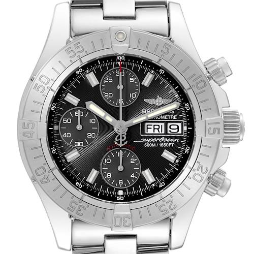 This image shows a frontal view of the Breitling Superocean watch, displaying the dial, chronograph functions, and bracelet.