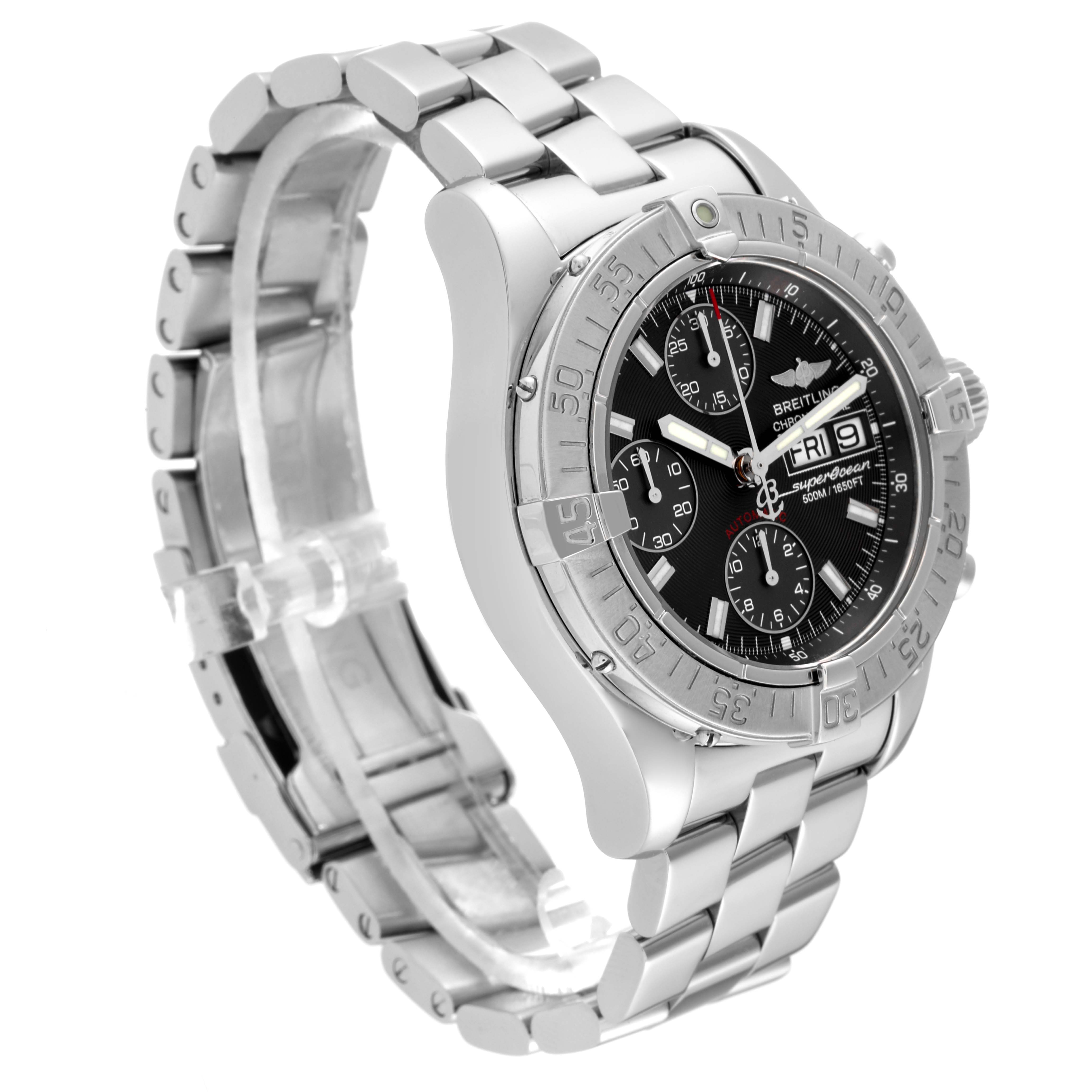 The image shows a Breitling Superocean A13340 Men's Stainless Steel Grey Dial A13340 Men's Stainless Steel Grey Dial model watch from a three-quarter angle, highlighting its bracelet, bezel, and dial.