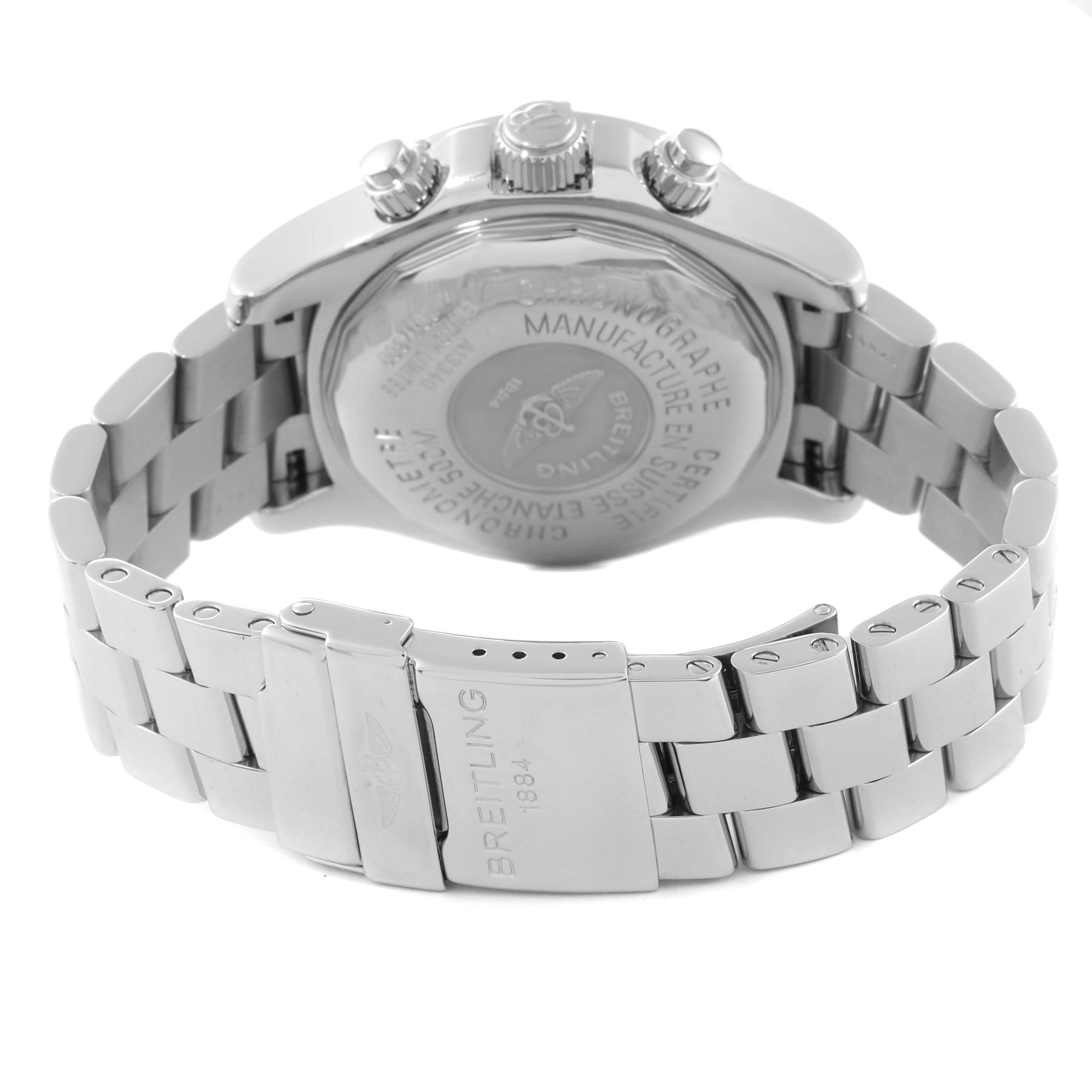 This image shows the back case and bracelet clasp of a Breitling Superocean A13340 Men's Stainless Steel Grey Dial A13340 Men's Stainless Steel Grey Dial watch, highlighting the engraved details.