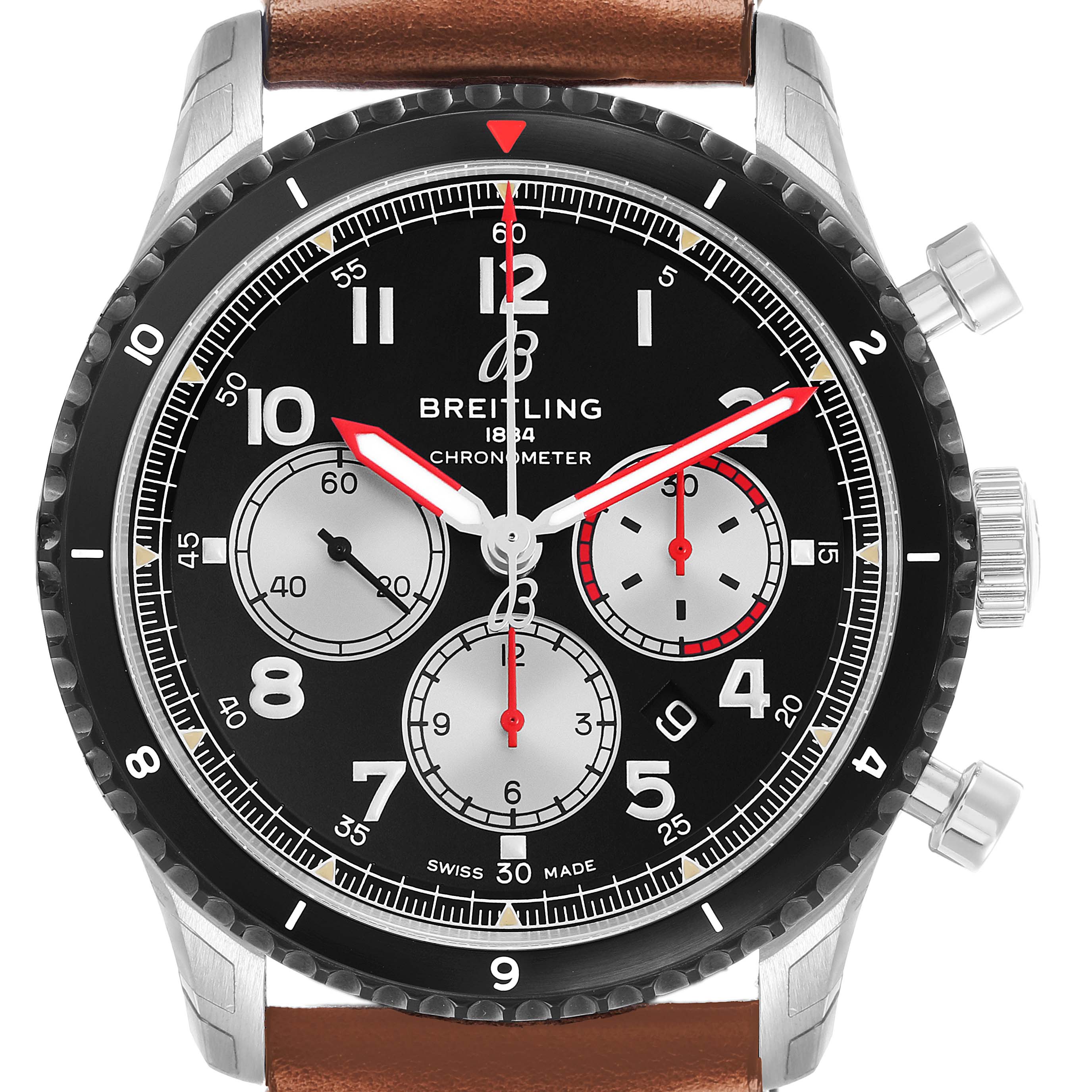 The Breitling Aviator AB0119 Men's Stainless Steel Black Dial watch is shown from the front, displaying the face, bezel, hands, subdials, crown, and a portion of the strap.