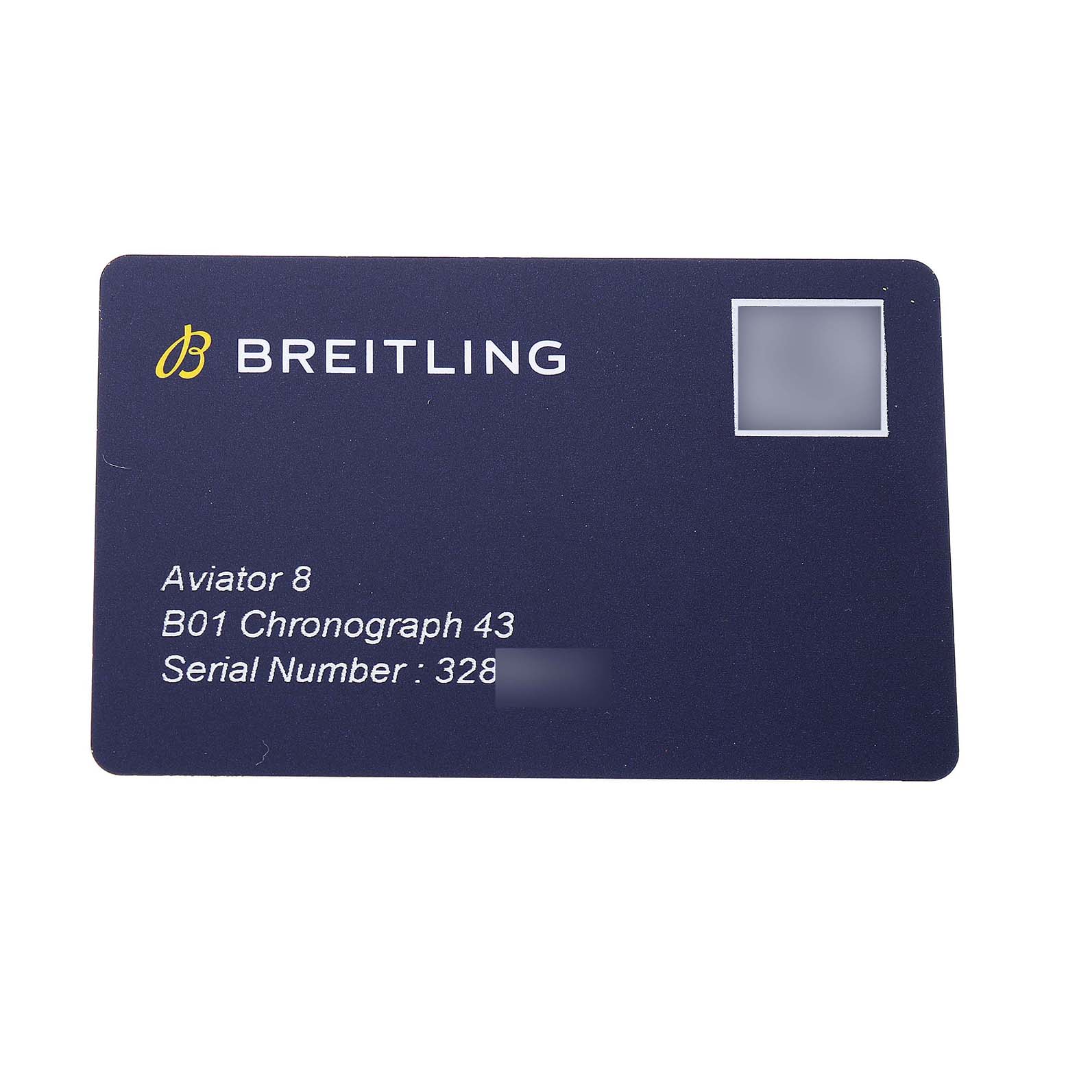 The image shows an information card for the Breitling Aviator AB0119 Men's Stainless Steel Black Dial 8 B01 Chronograph 43 with a serial number.