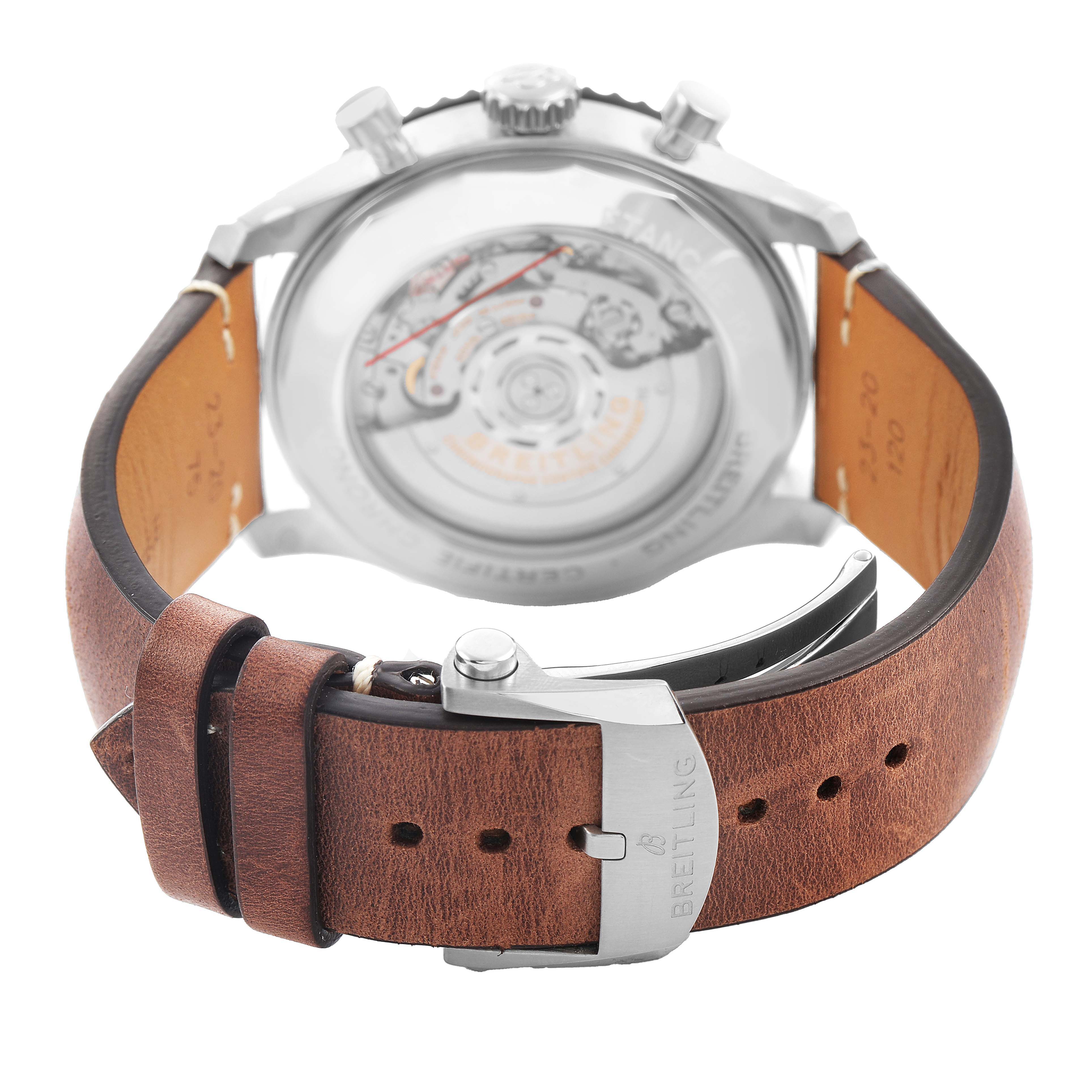 The image shows the Breitling Aviator AB0119 Men's Stainless Steel Black Dial watch from a rear angle, highlighting the transparent case back and leather strap with clasp.